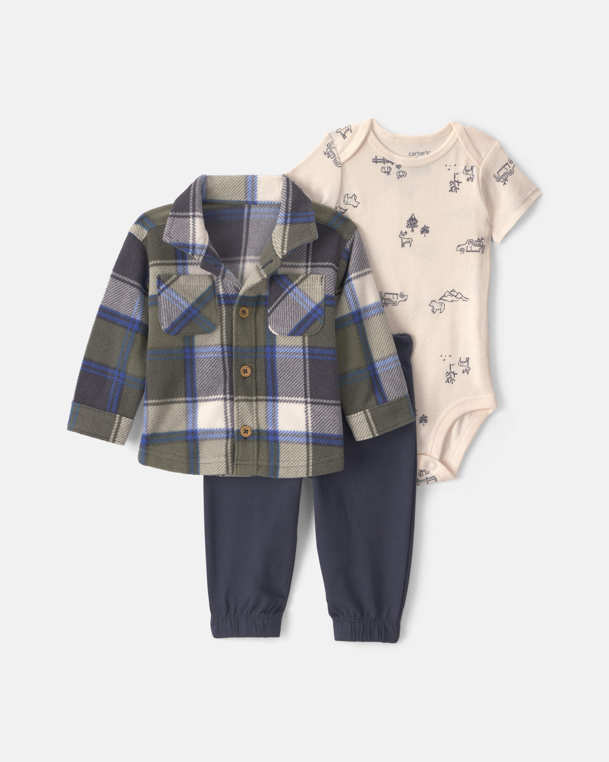Baby Boy 3-Piece Plaid Fleece Layering Set - Green/Navy