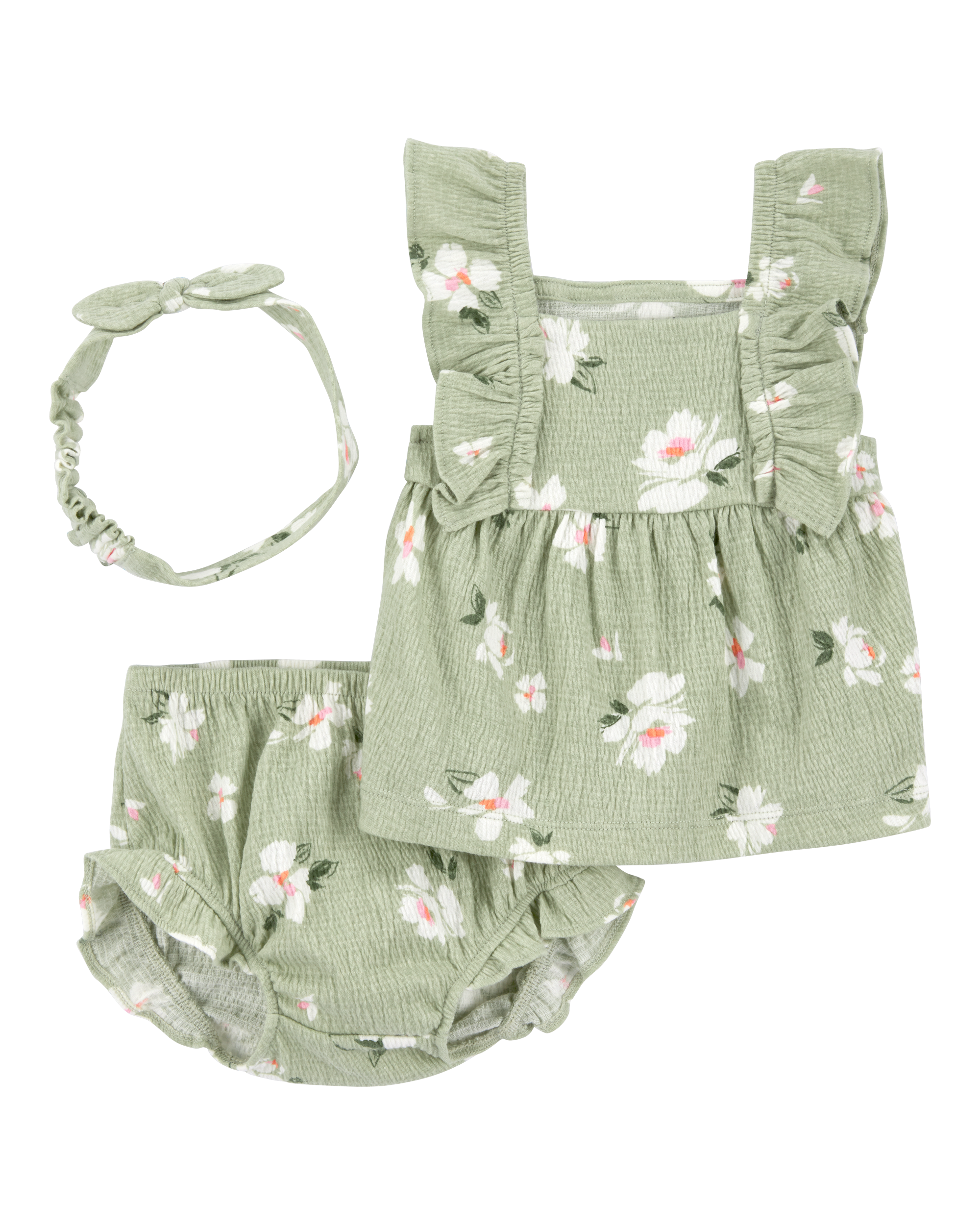Baby 3-Piece Floral Gauze Outfit Set - Green