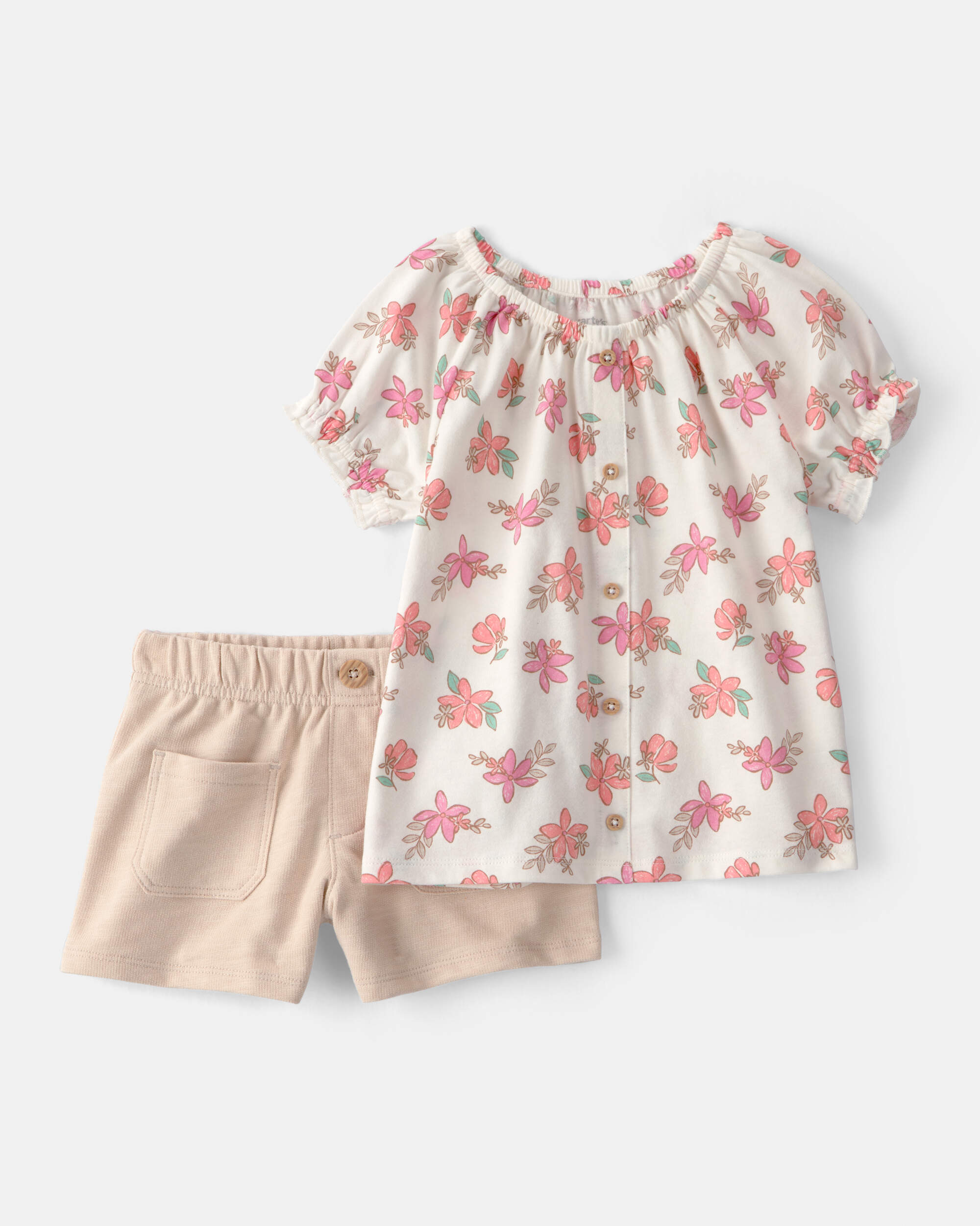 Toddler Girl 2-Piece Floral Top & Short Set - Cream/Tan
