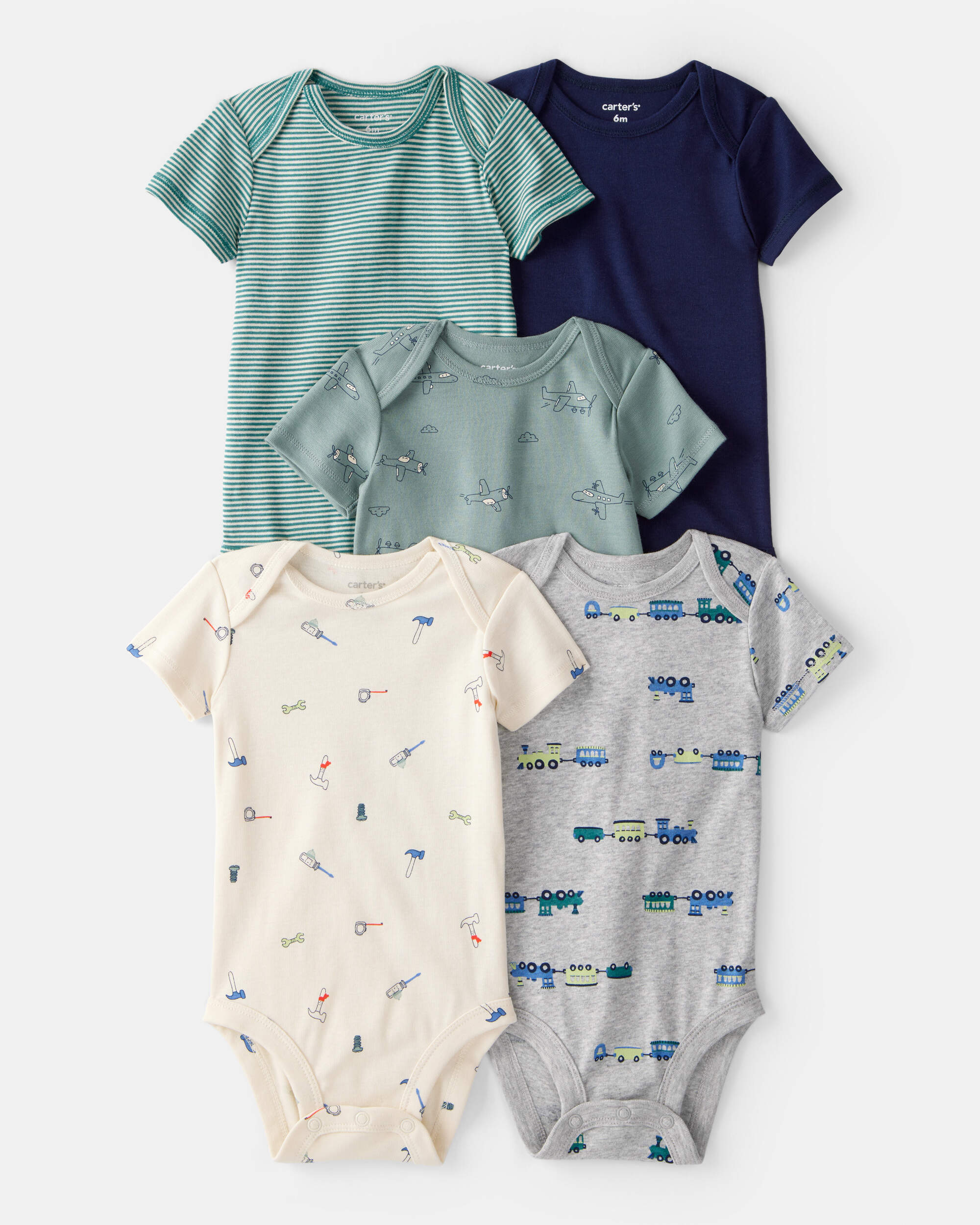 Baby Boy 5-Pack Train Multipack Bodysuits - Green/Blue