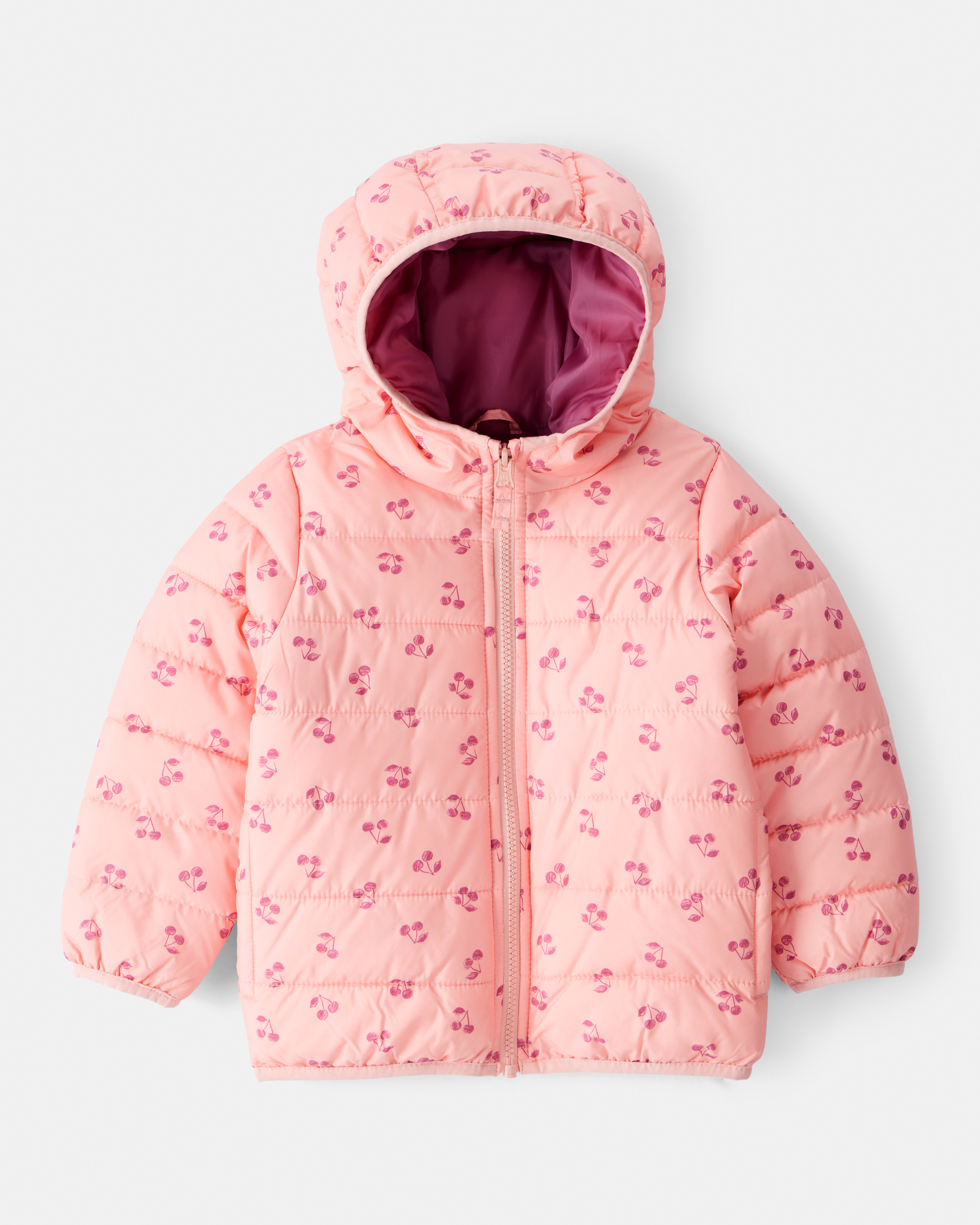 Baby Cherry Print Hooded Puffer Jacket - Pink