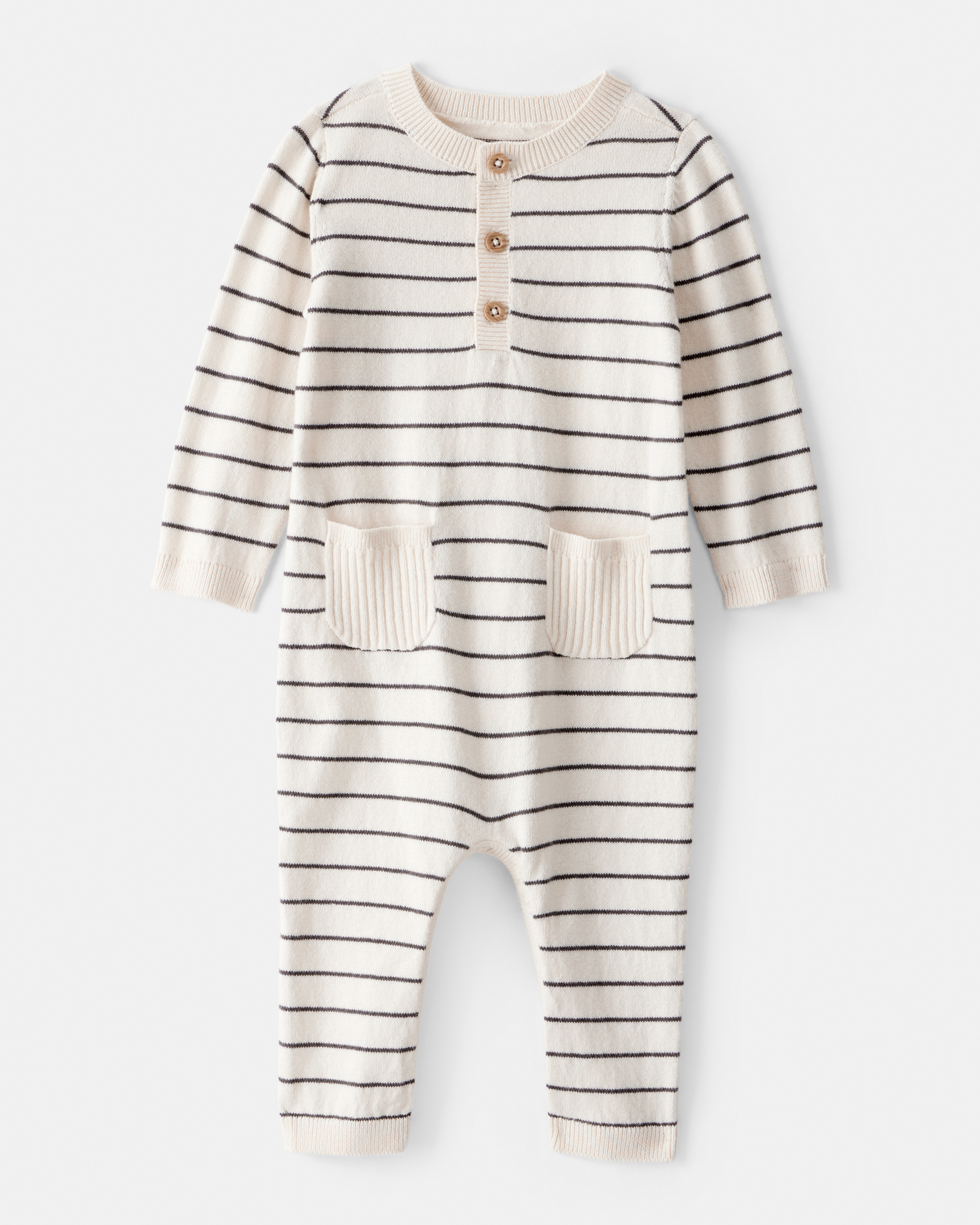 Baby Boy Striped Cotton Long-Sleeve Jumpsuit - White