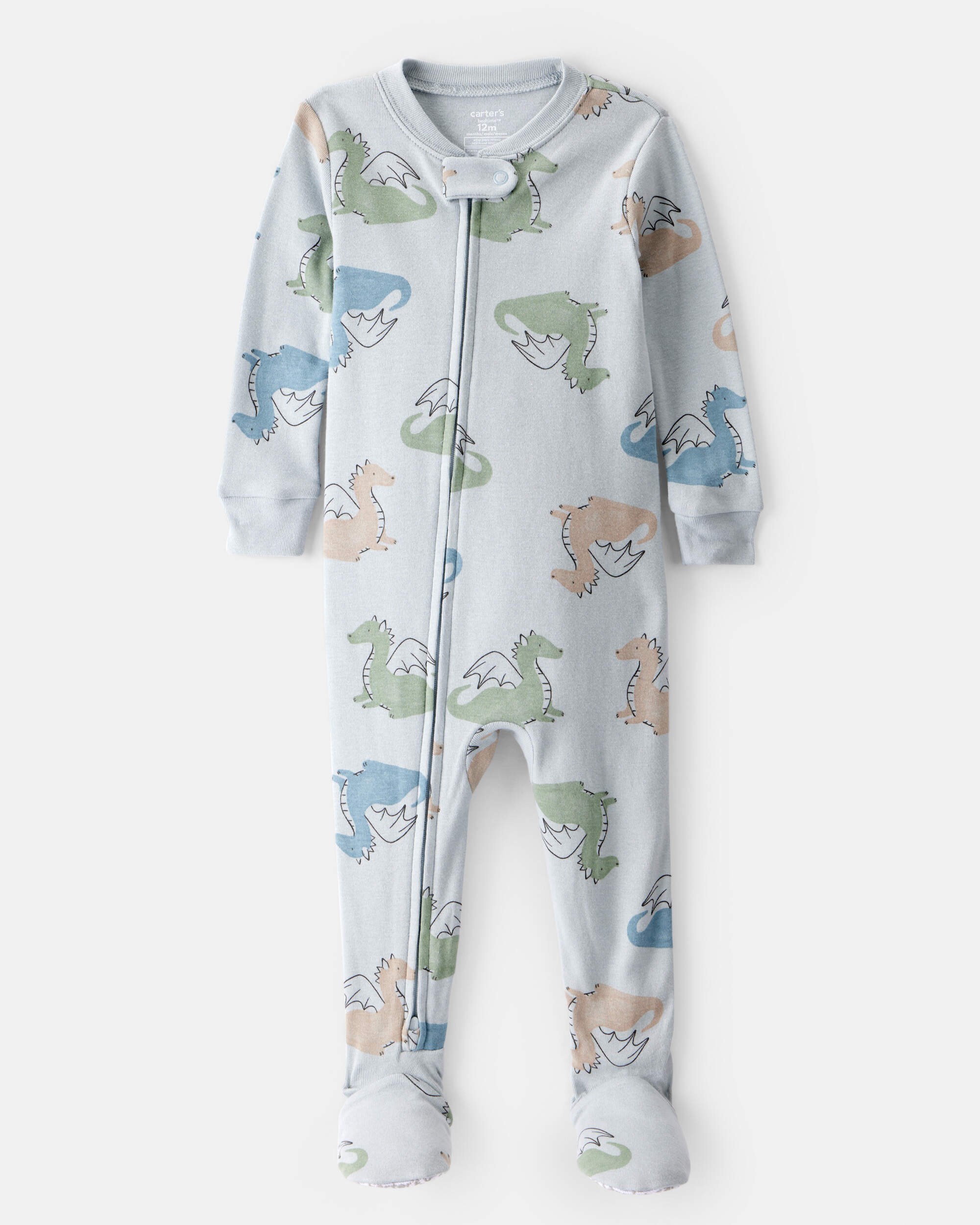 Toddler Boy Dragon Print 100% Cotton Long-Sleeve 2-Way Zip 1-Piece Pyjamas