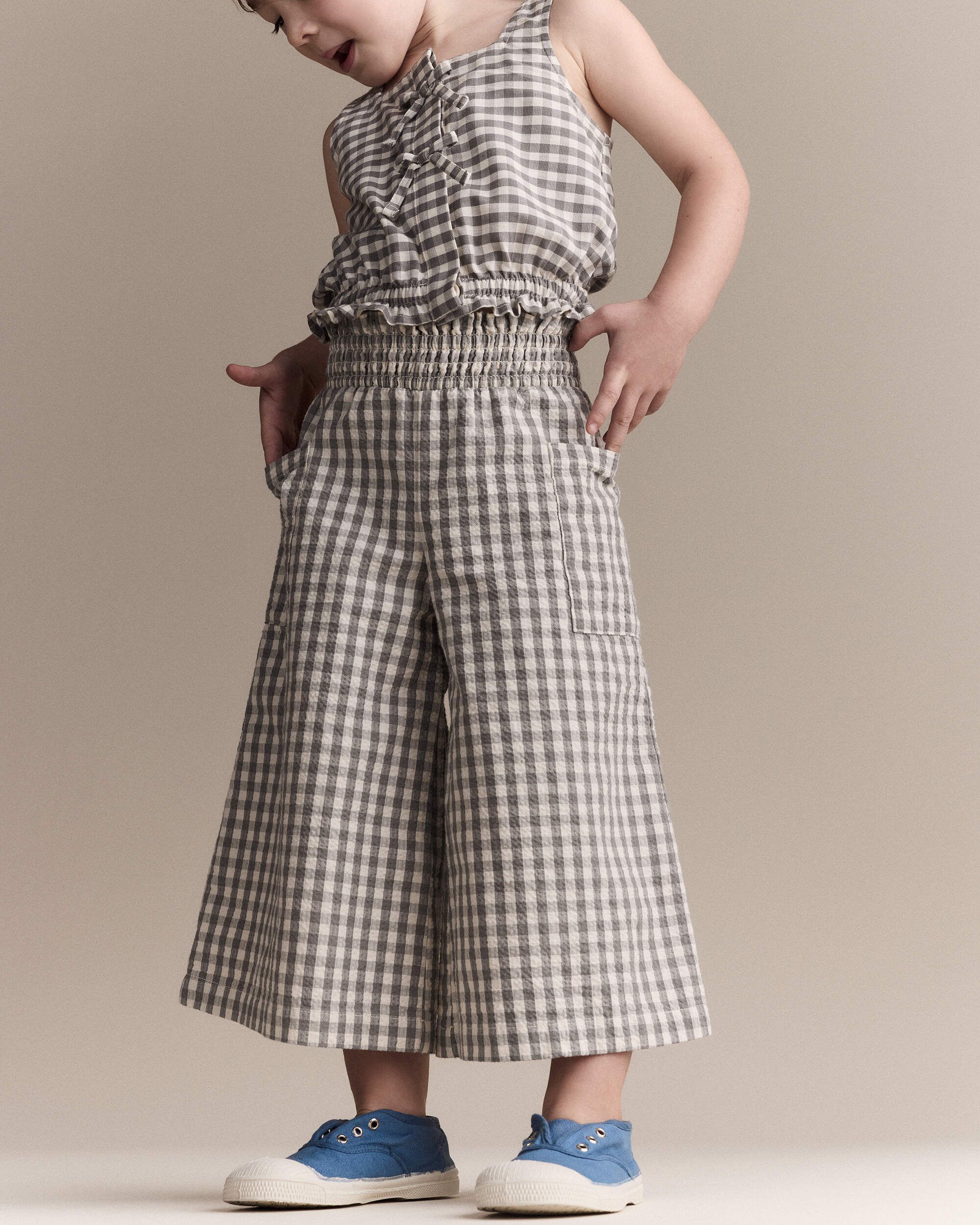 Toddler Girl Gingham Smocked Wide Leg Pant - Cream/Grey