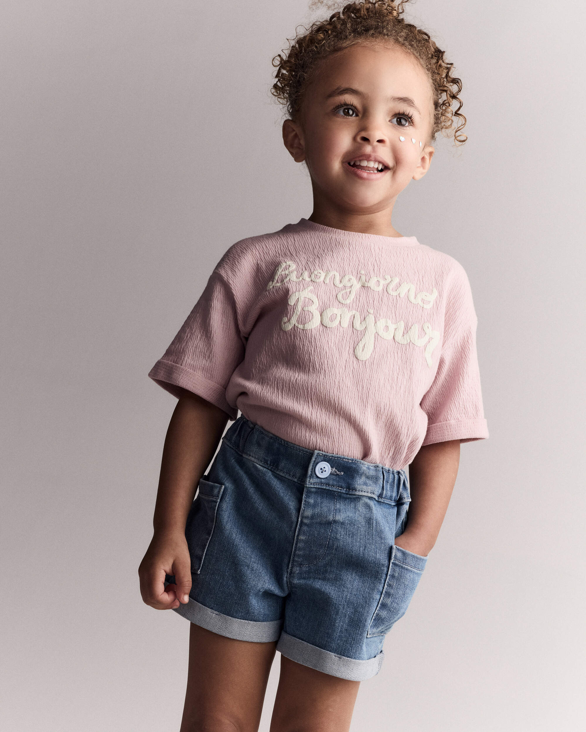 Toddler Girl 'Buongiorno, Bonjour' Rolled Cuff Tee - Light Pink