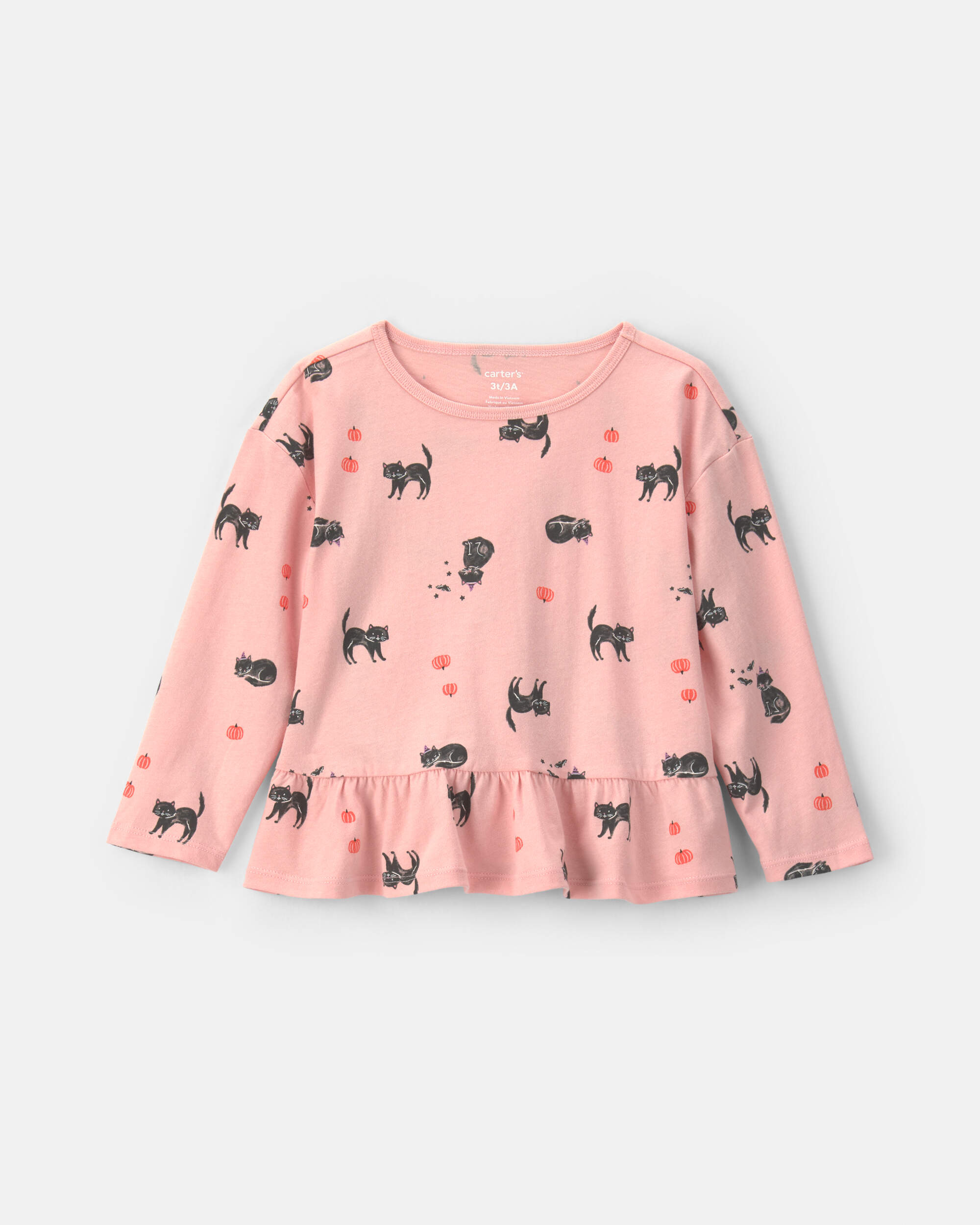 Toddler Girl Halloween Cat Long-Sleeve Peplum Top - Pink