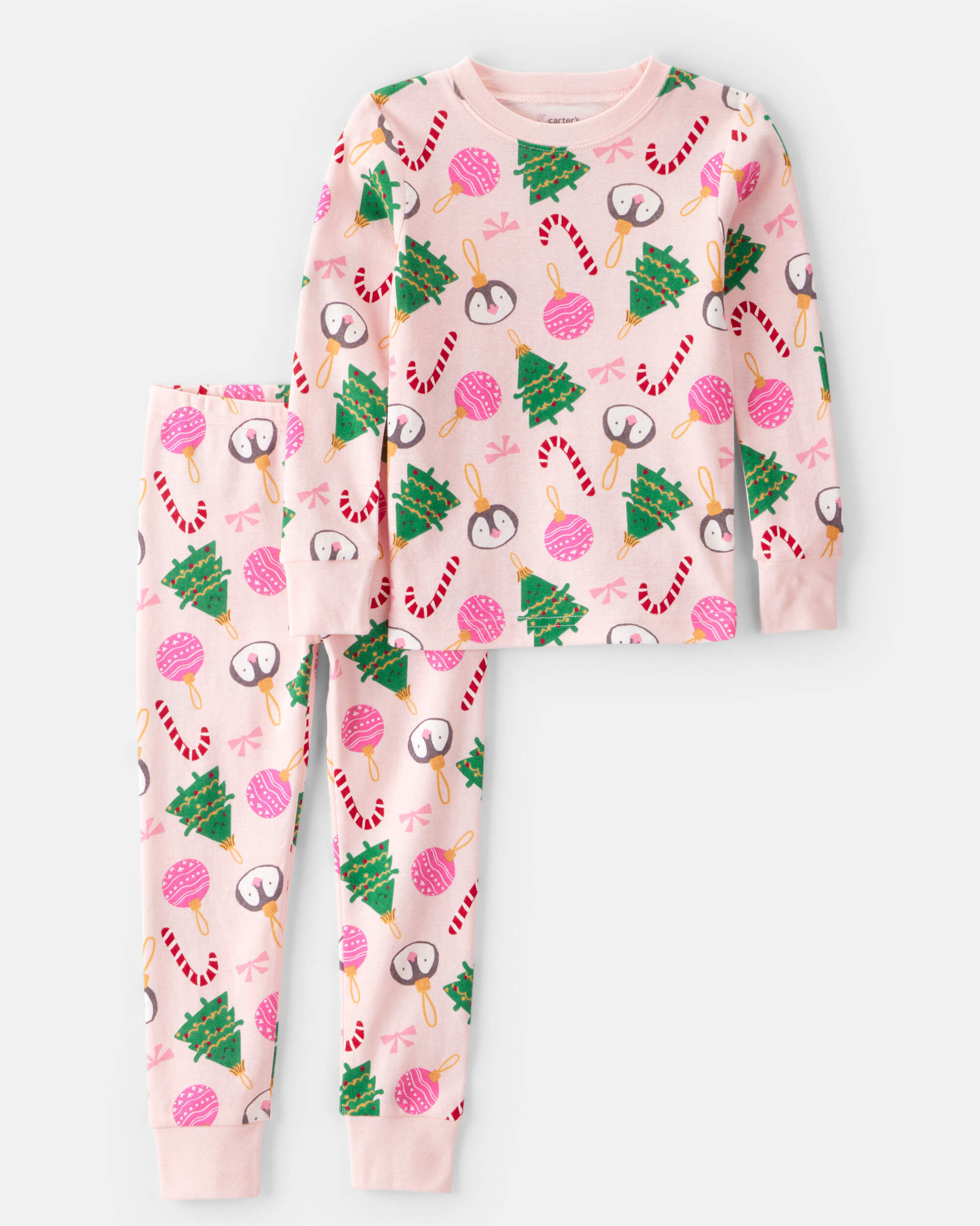 Toddler Girl Christmas Ornament Print 100% Cotton Long-Sleeve 2-Piece Pyjamas - Pink