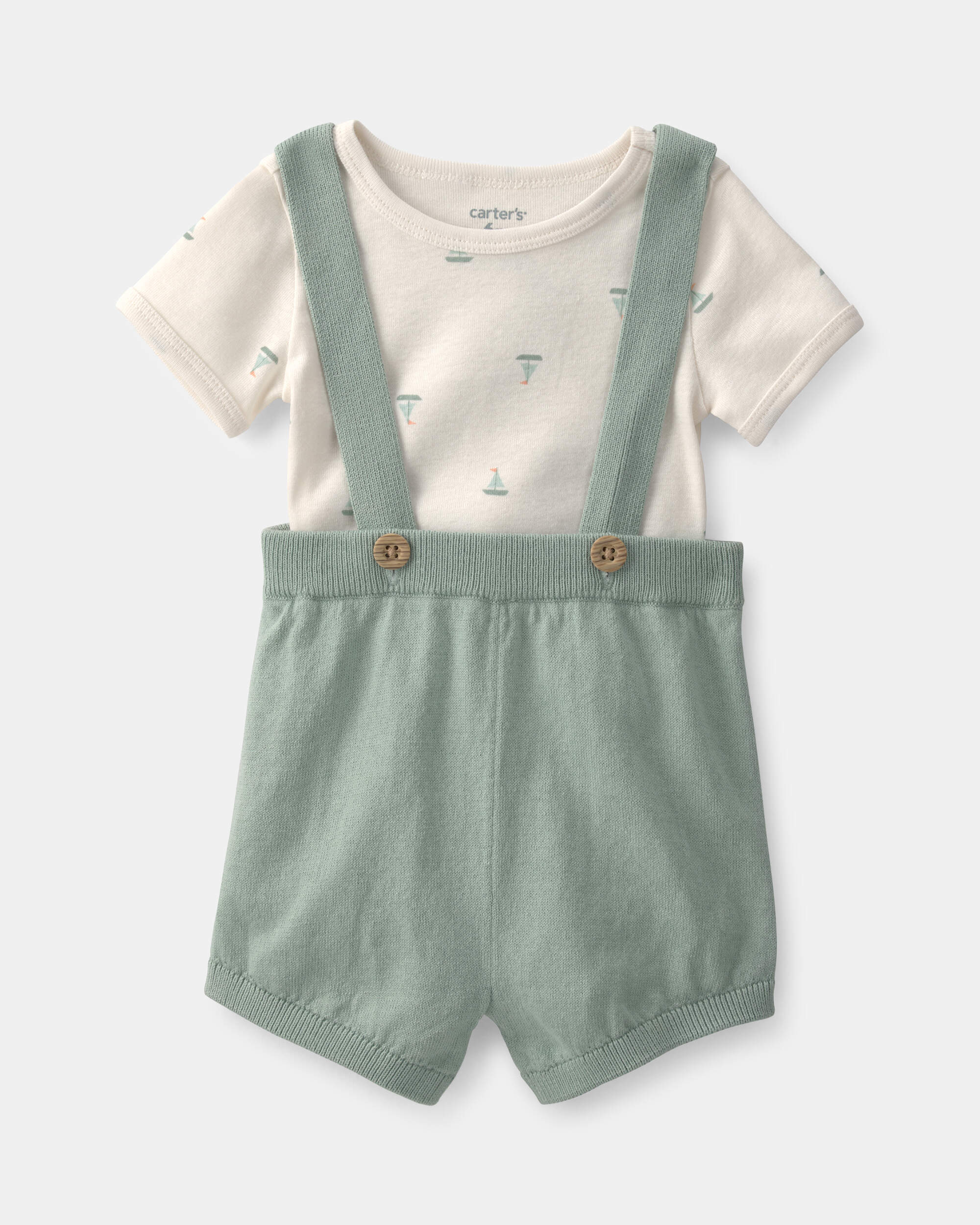 Baby 2-Piece Sailboat Overall Set - Green/Ivory