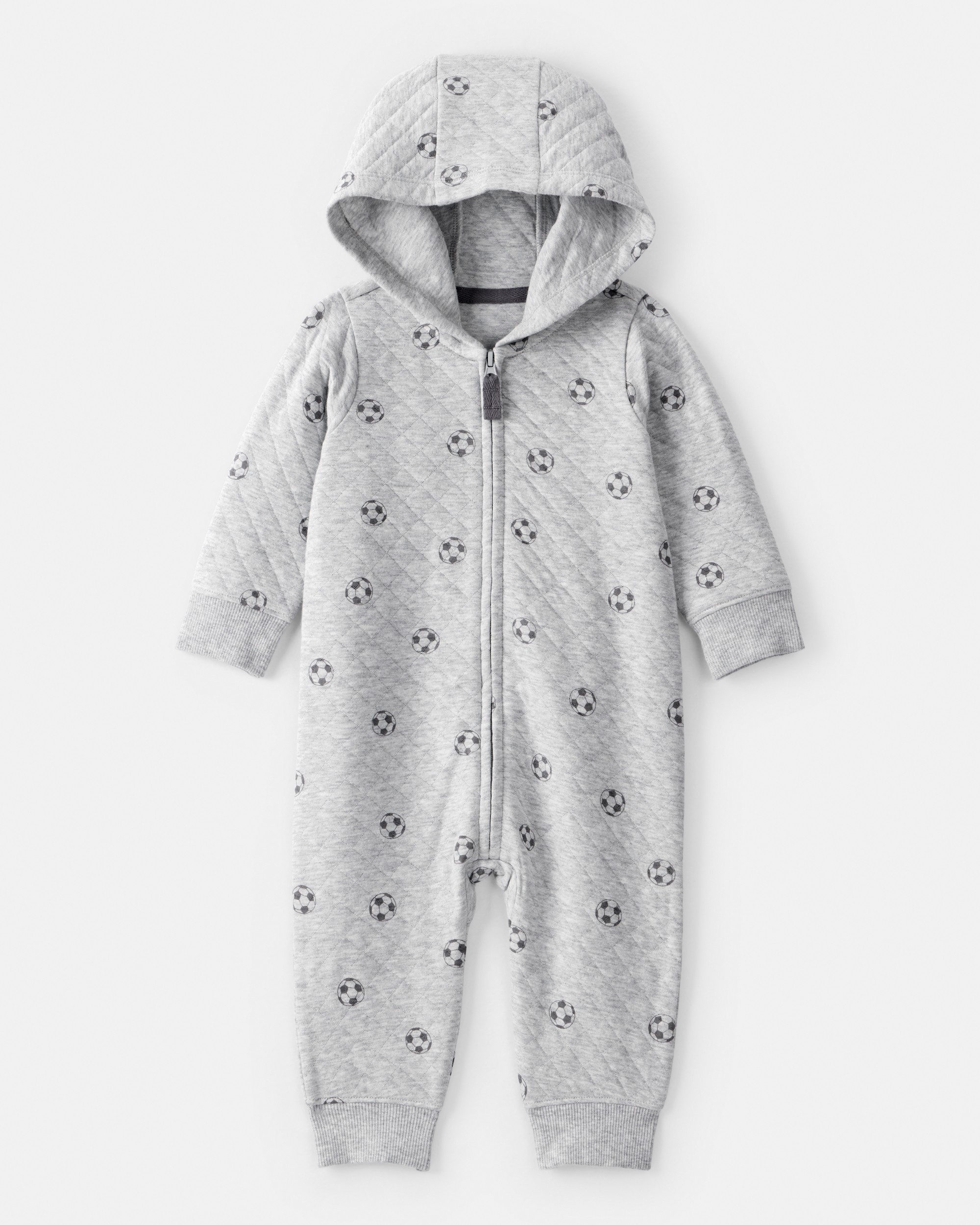 Baby Boy Soccer Quilted Long-Sleeve Hooded Jumpsuit - Black