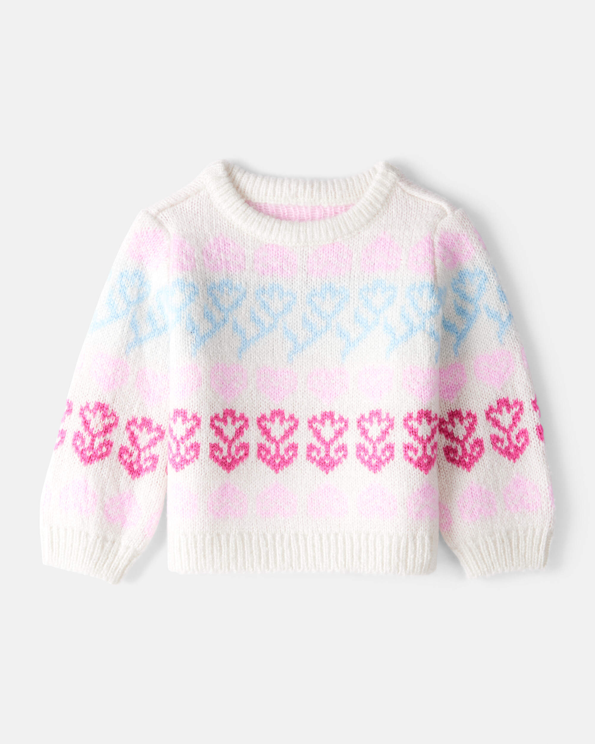 Baby Girl Floral Fairisle Sweater- Pink/White