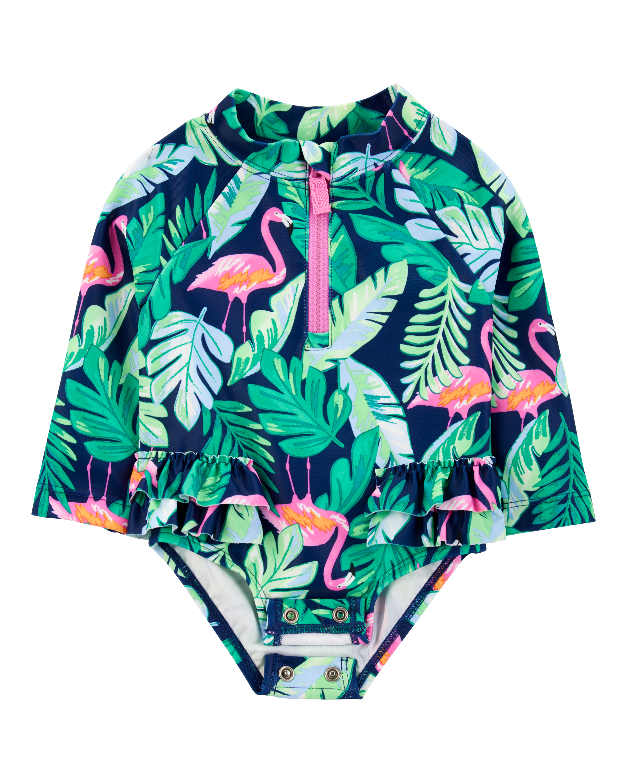 Baby Girl 1-Piece Tropical Flamingo Long-Sleeve Rashguard Swimsuit