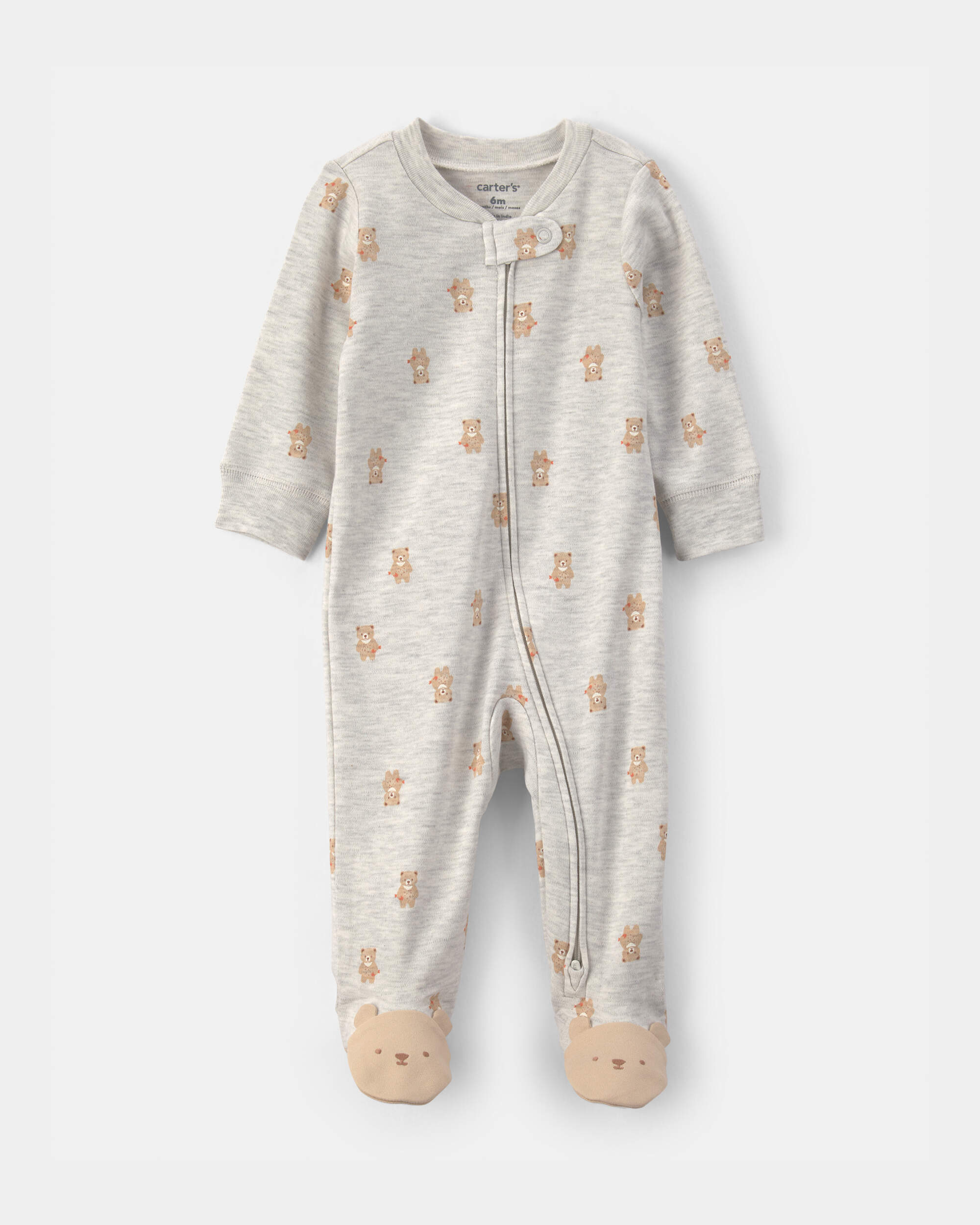 Baby Teddy Bear Cotton 2-Way Zip Sleeper - Grey
