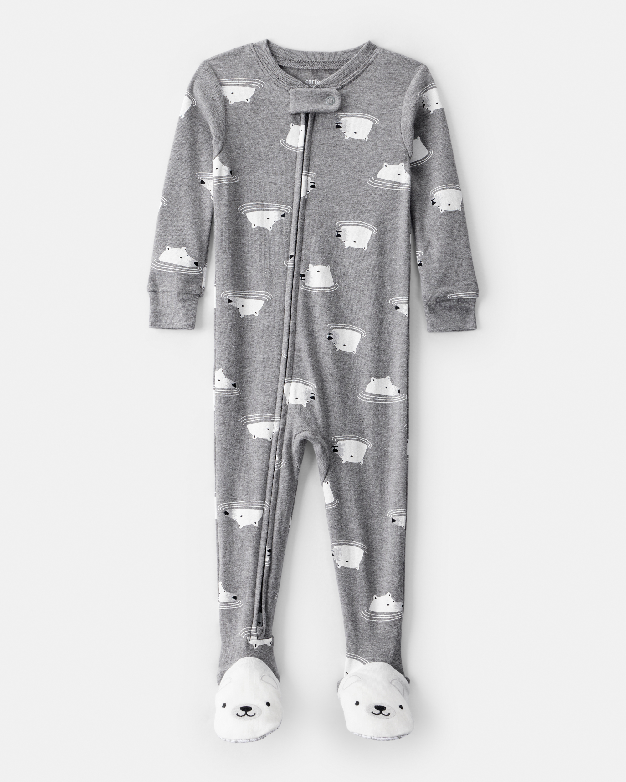 Baby Boy Polar Bear Cotton Snug Fit 2-Way Zip Footie 1-Piece Pyjamas - Grey