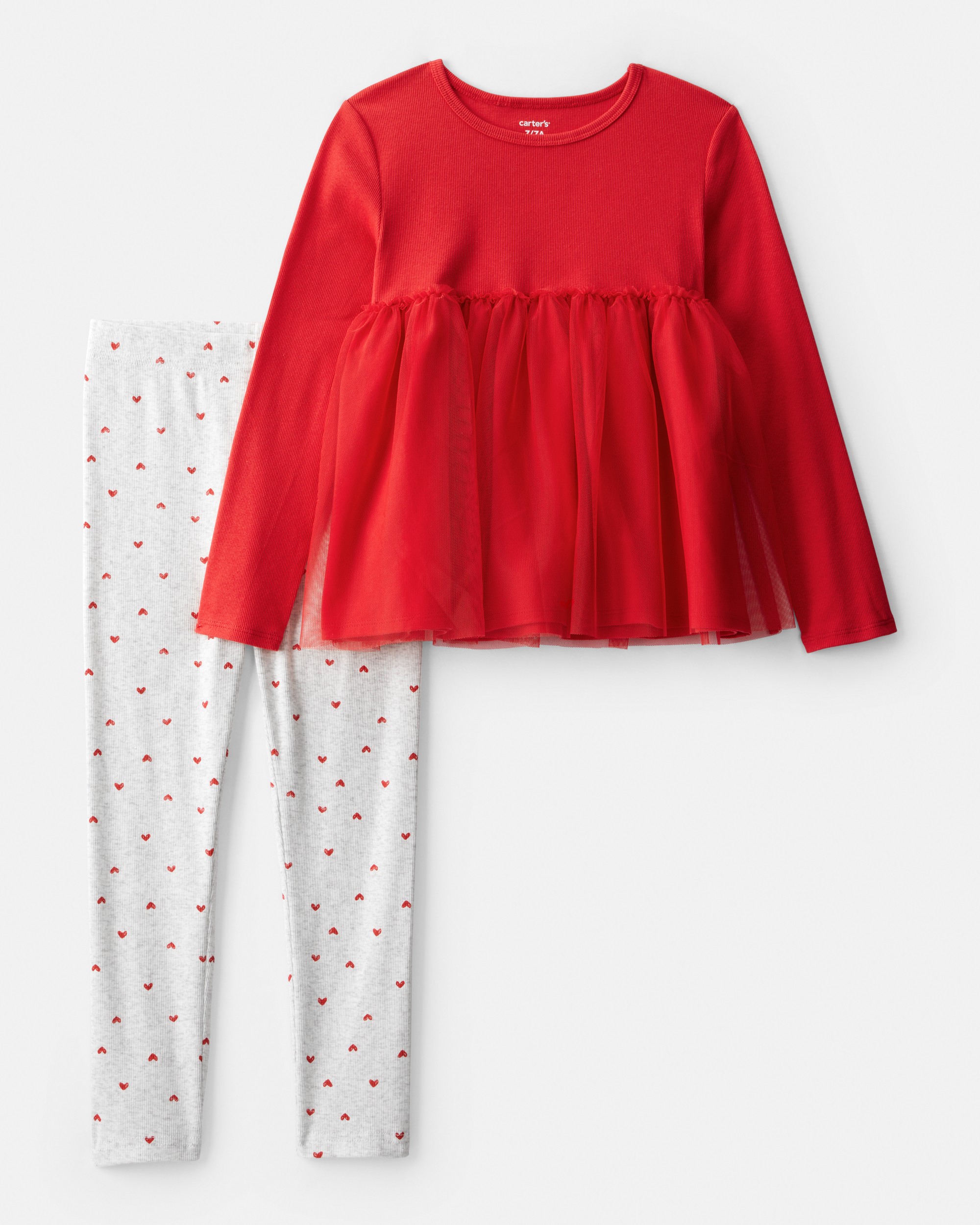 Girls Valentine's Day Tulle Top & Heart Pant Set - Red/Grey
