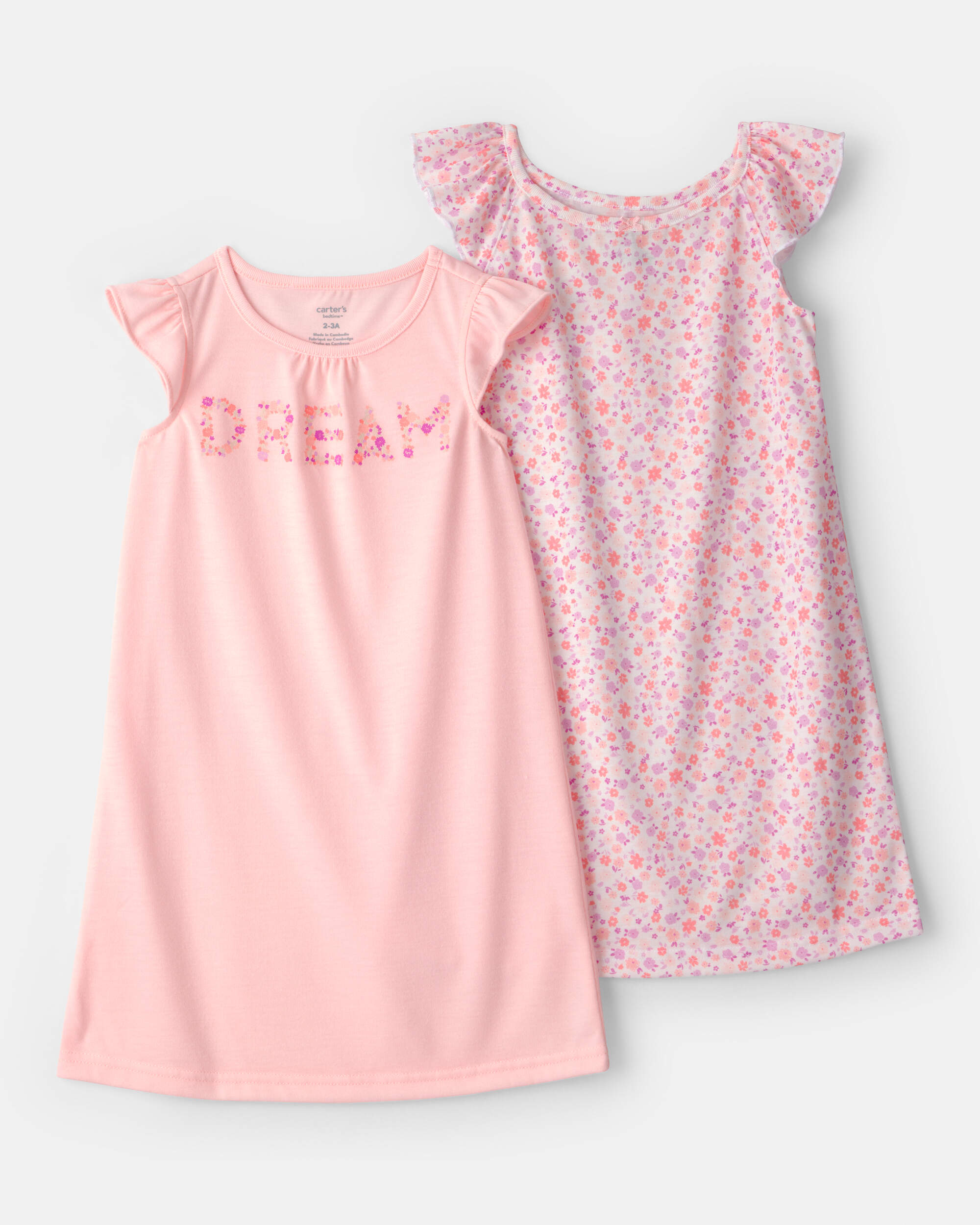 Girls 2-Pack 'Dream' Floral Loose Fit Nightgown - Pink