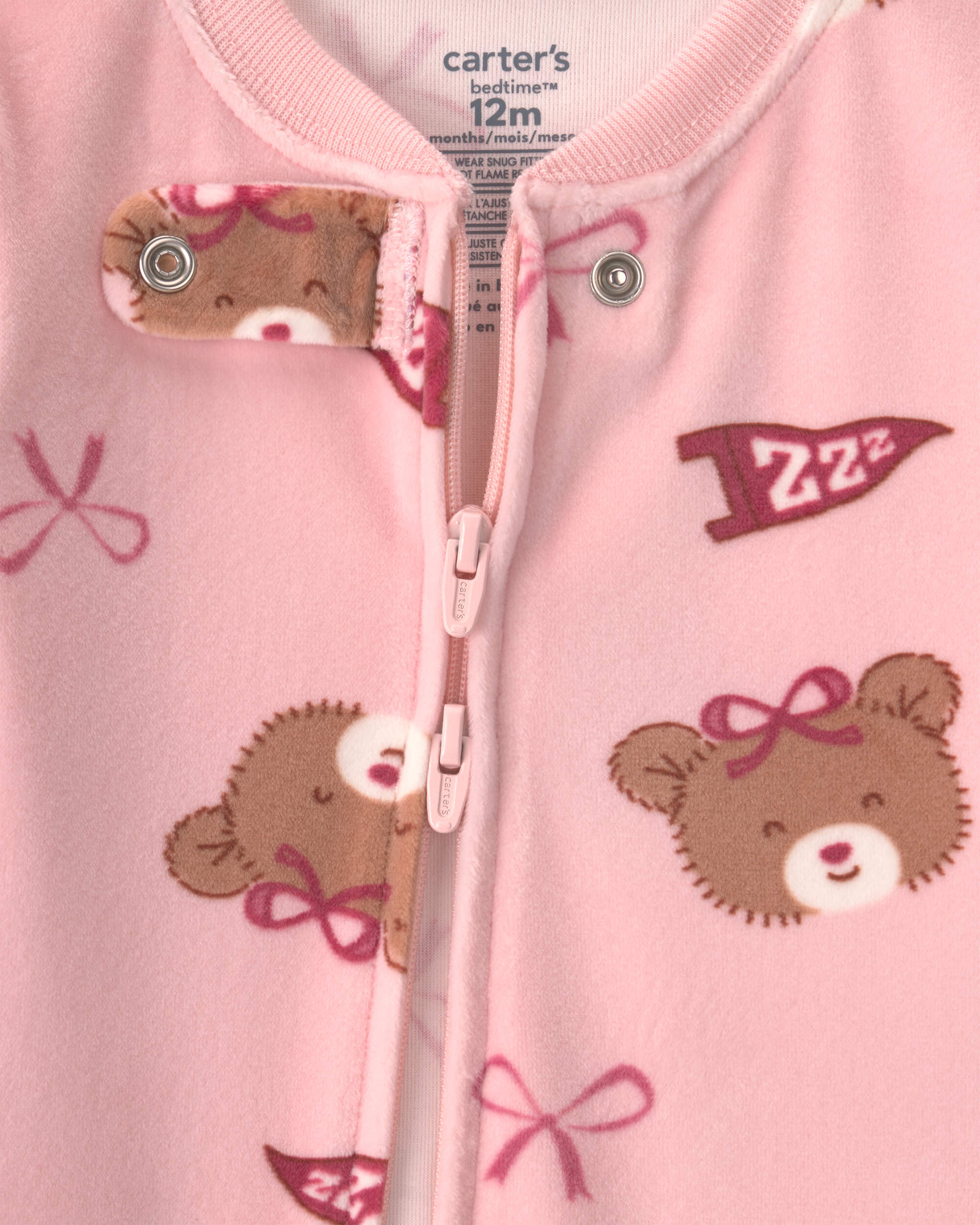 Baby Girl 1-Piece Bears & Bows 2-Way Zip DreamPlush Snug Fit Pyjama - Pink