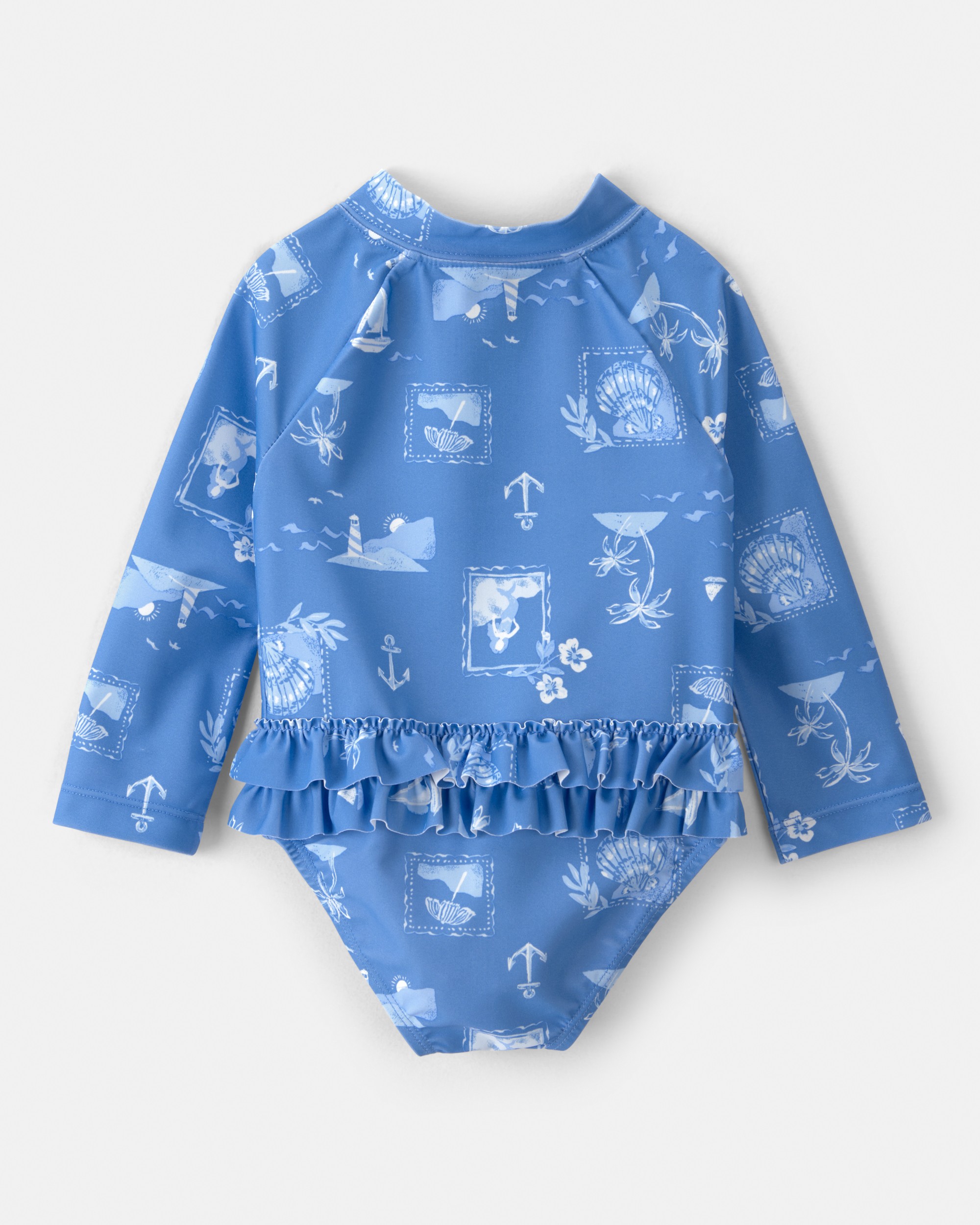 Baby Girl Sailboat Long-Sleeve 1-Piece Rashguard Swimsuit - Blue