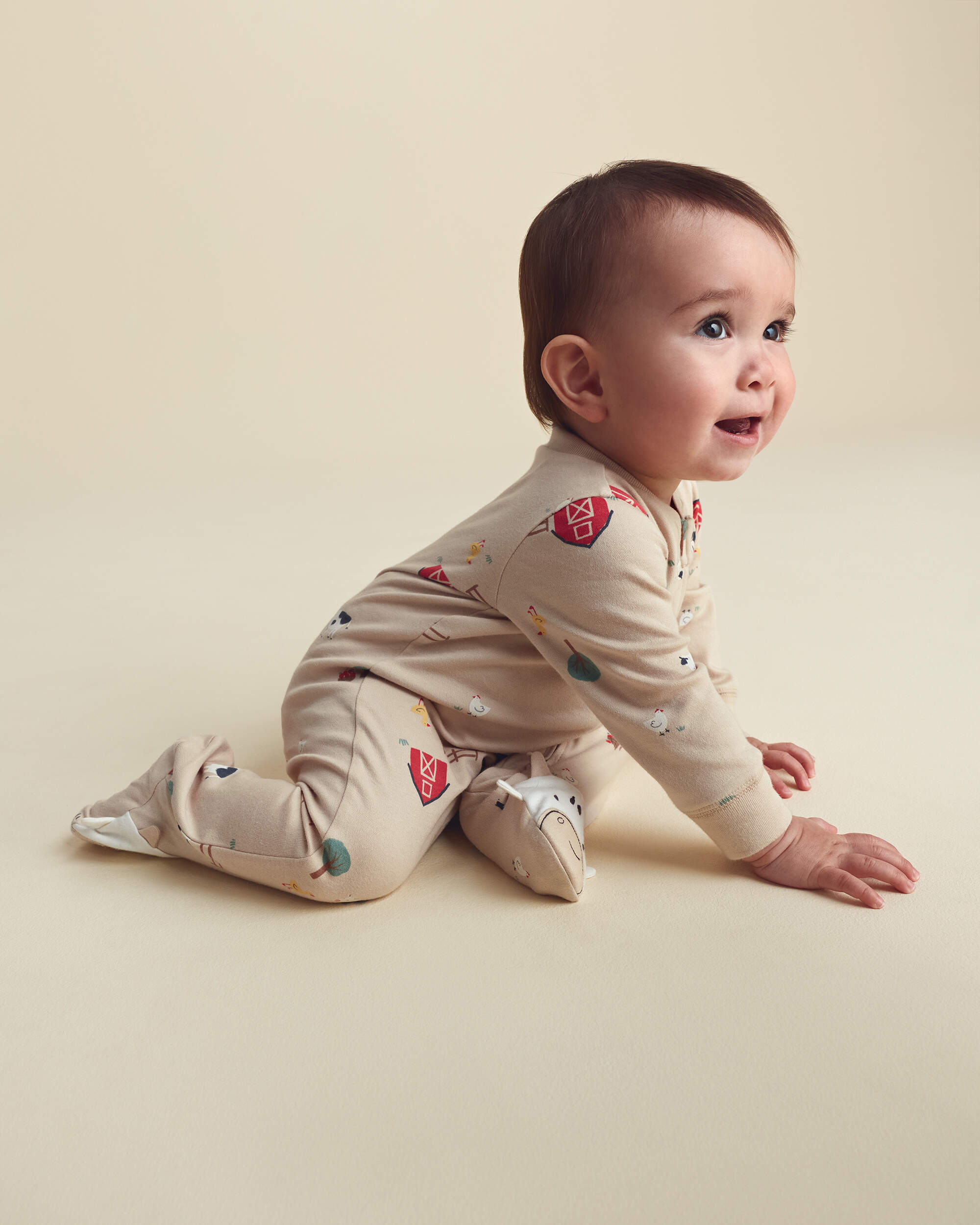 Baby Boy 1-Piece Farm 2-Way Zip 100% Cotton Snug Fit Footed Pyjama - Cream