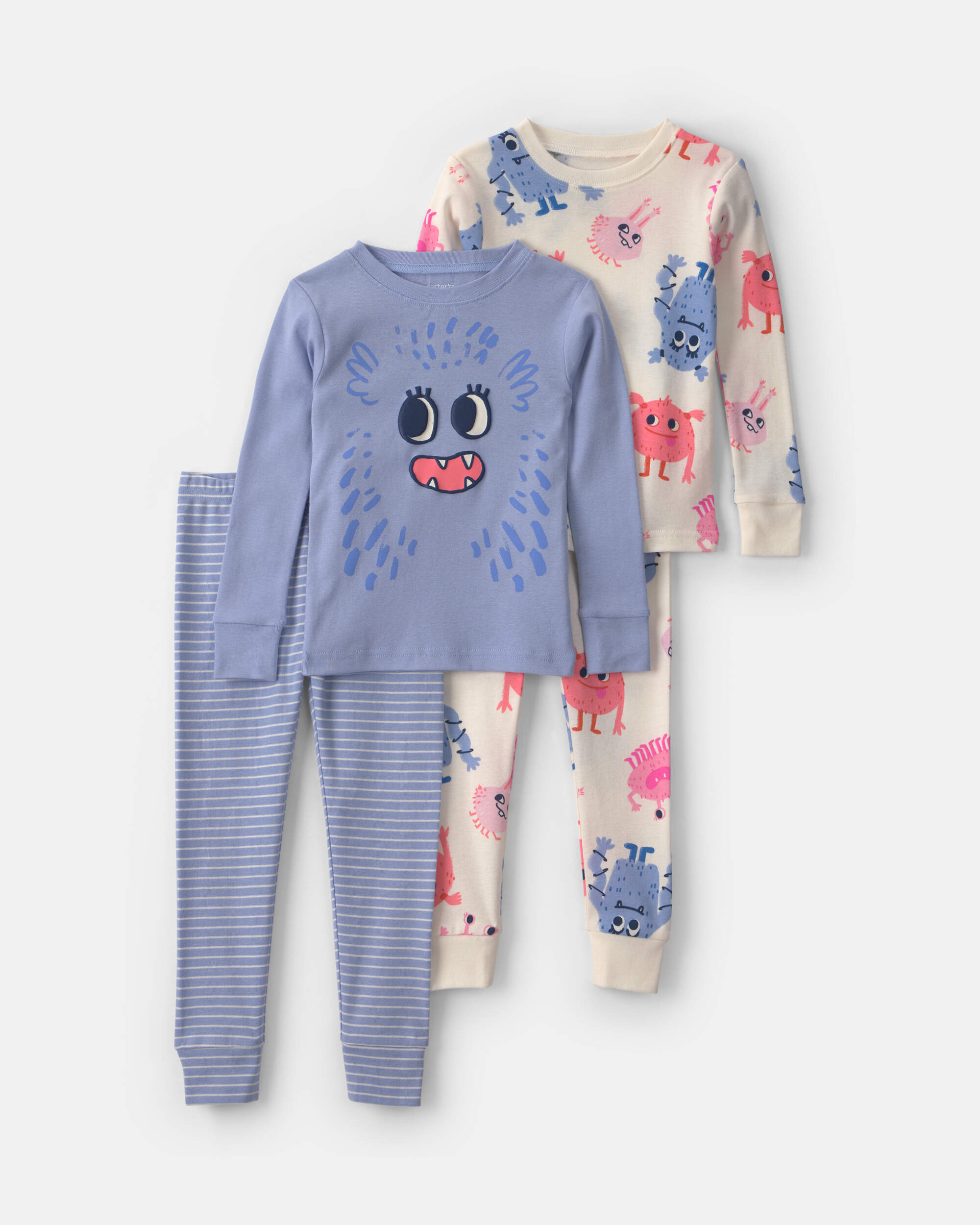 Baby Girl 4-Piece Monster 100% Cotton Snug Fit Pyjama Set - Blue/Cream