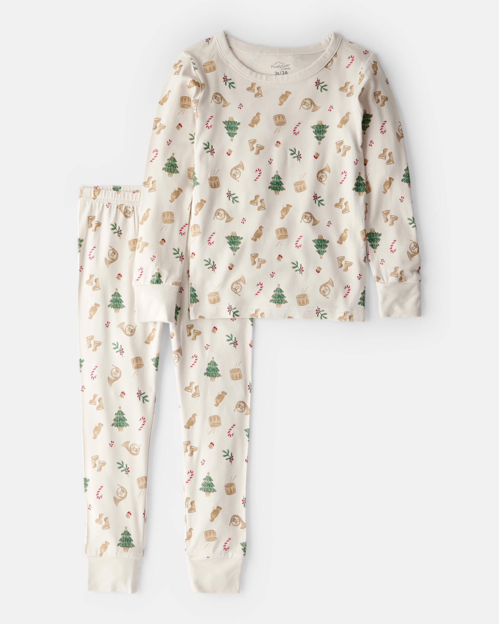 Kid Festive Holiday PurelySoft Long-Sleeve Snug Fit 2-Piece Pajamas - Cream