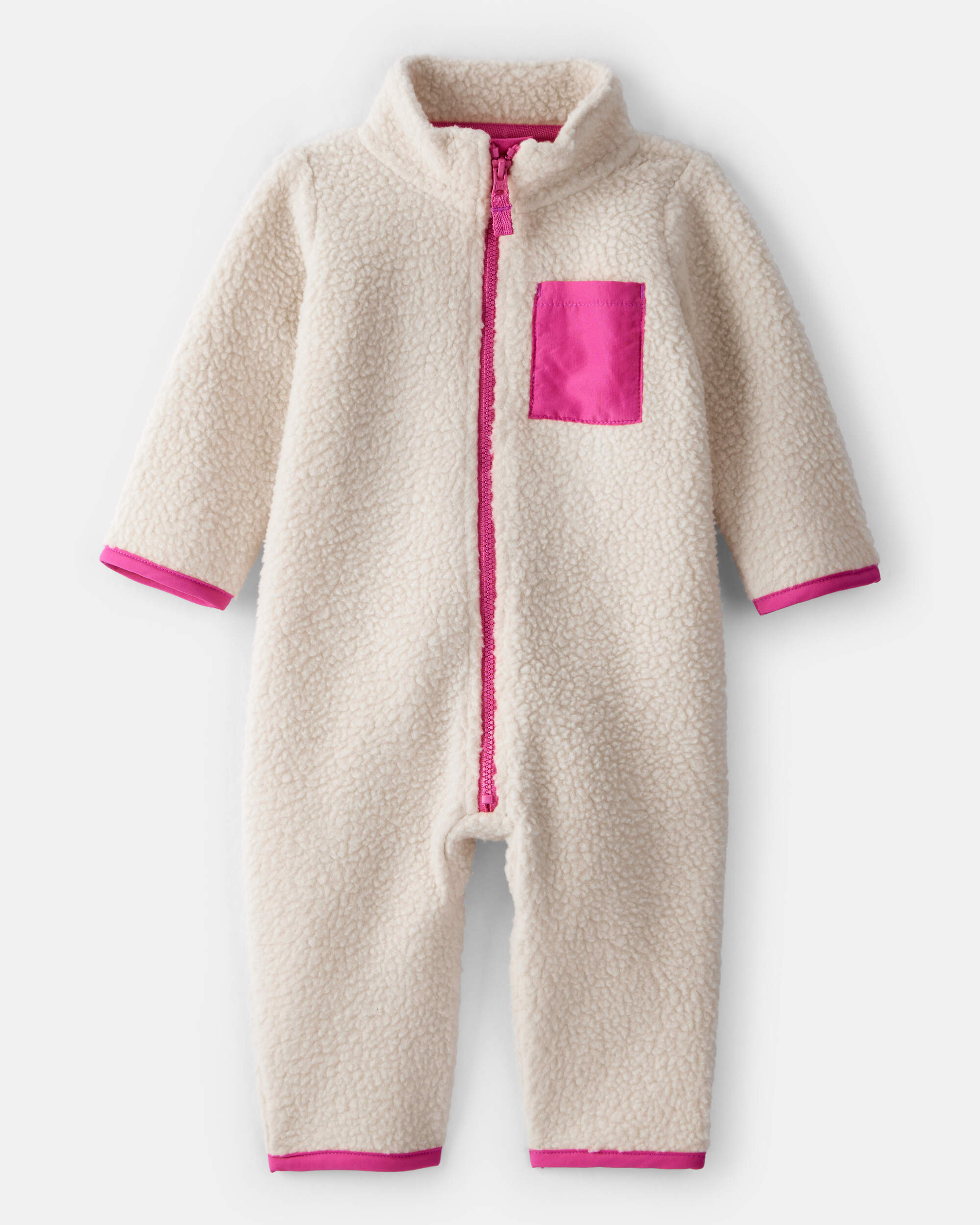 Baby Girl Colour Block Fleece Long-Sleeve Jumpsuit - Cream/Pink