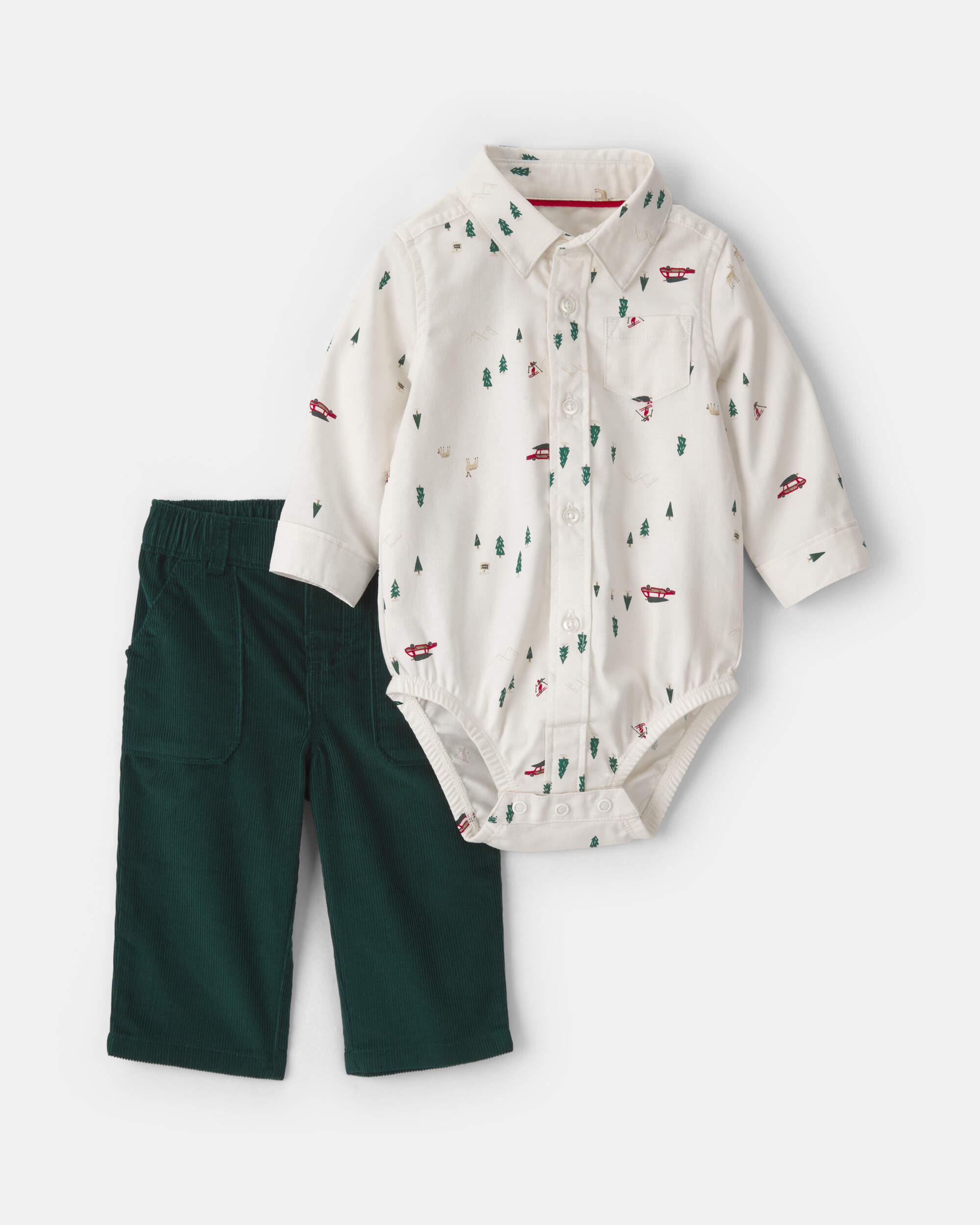 Baby Boy 2-Piece Christmas Twill Long-Sleeve Top & Pant Set - Cream/Green
