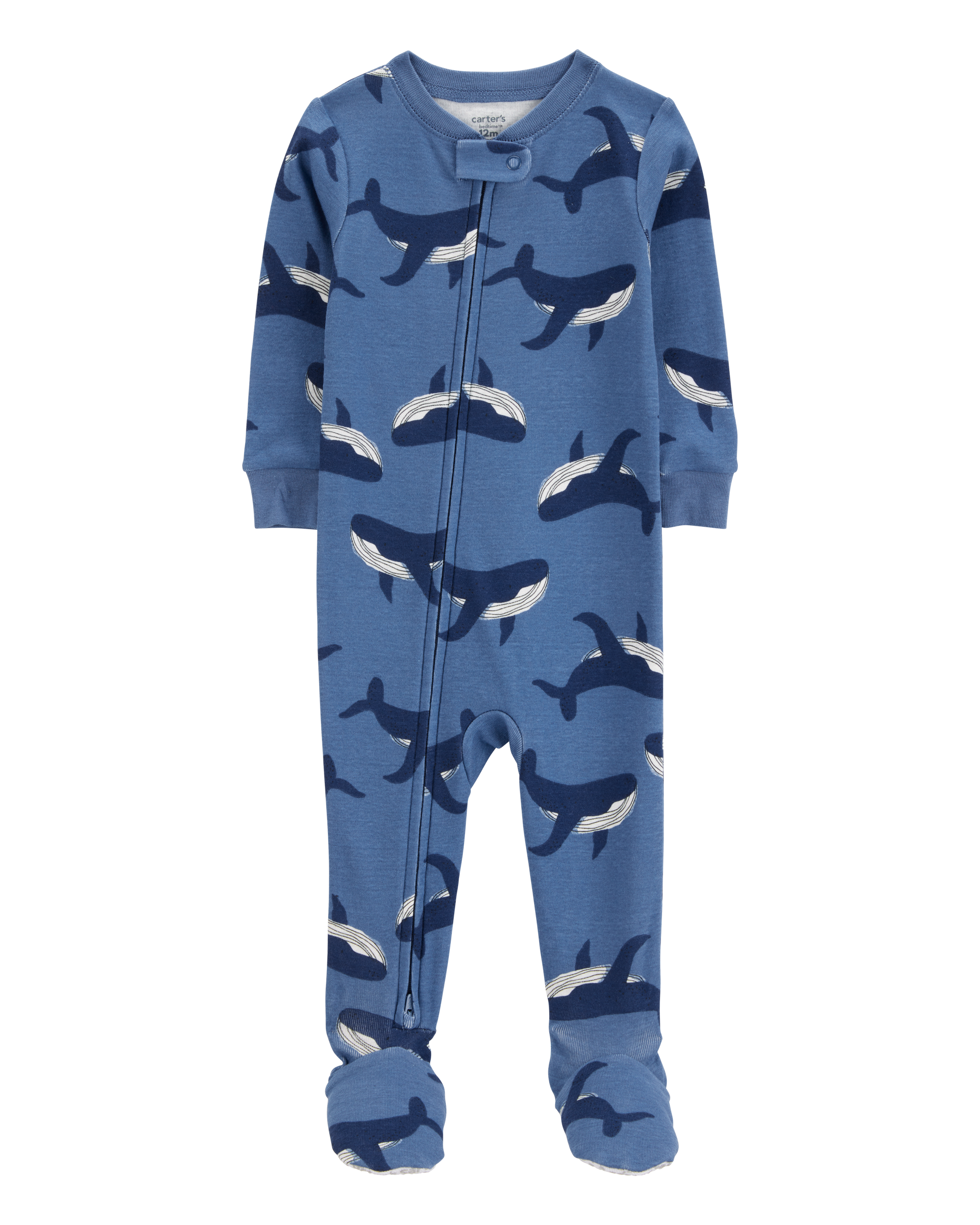 Baby Whale Print Snug Fit Cotton Footie 1-Piece Pyjamas - Navy