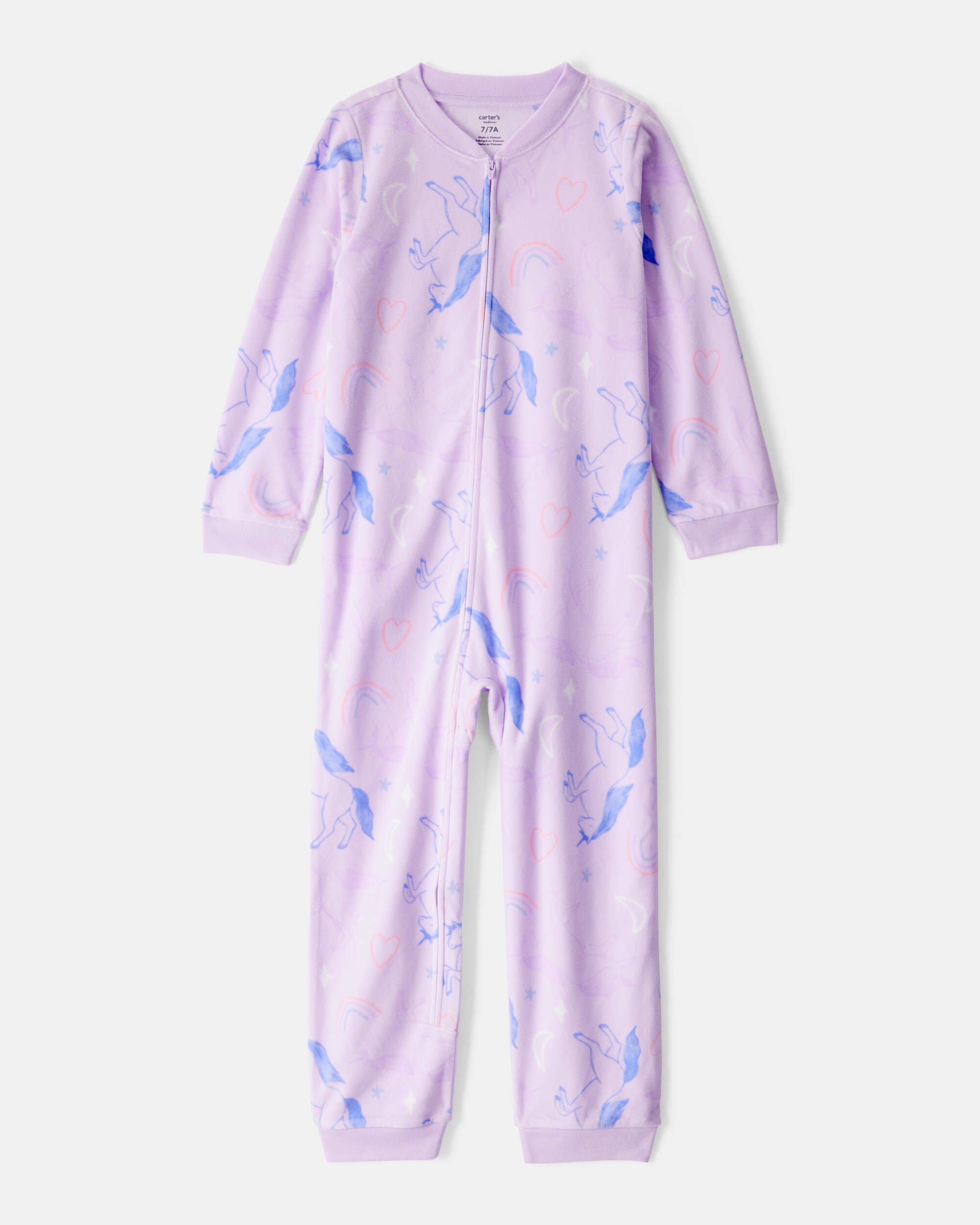 Girls Unicorn Print Loose Fit Long-Sleeve Zip-Up 1-Piece Pyjamas - Purple