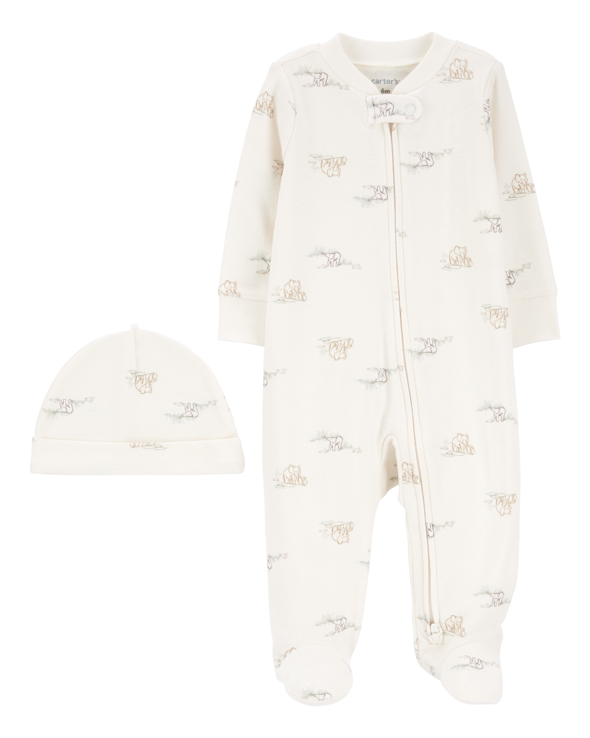 Baby 2-Piece 2-Way Zip Elephant Cotton Sleeper & Cap Set
