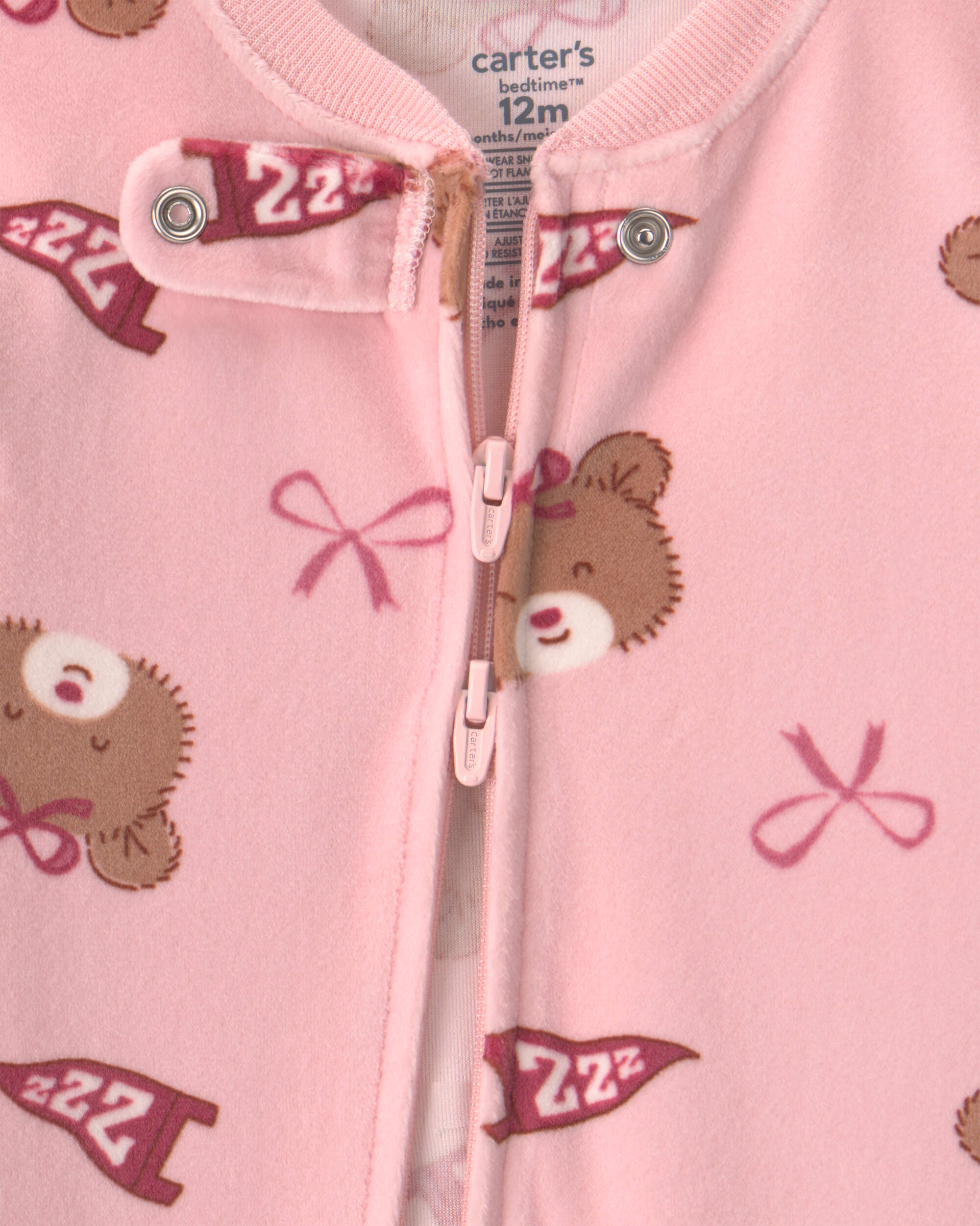 Baby Girl 1-Piece Bears & Bows 2-Way Zip DreamPlush Snug Fit Footed Pyjama - Pink