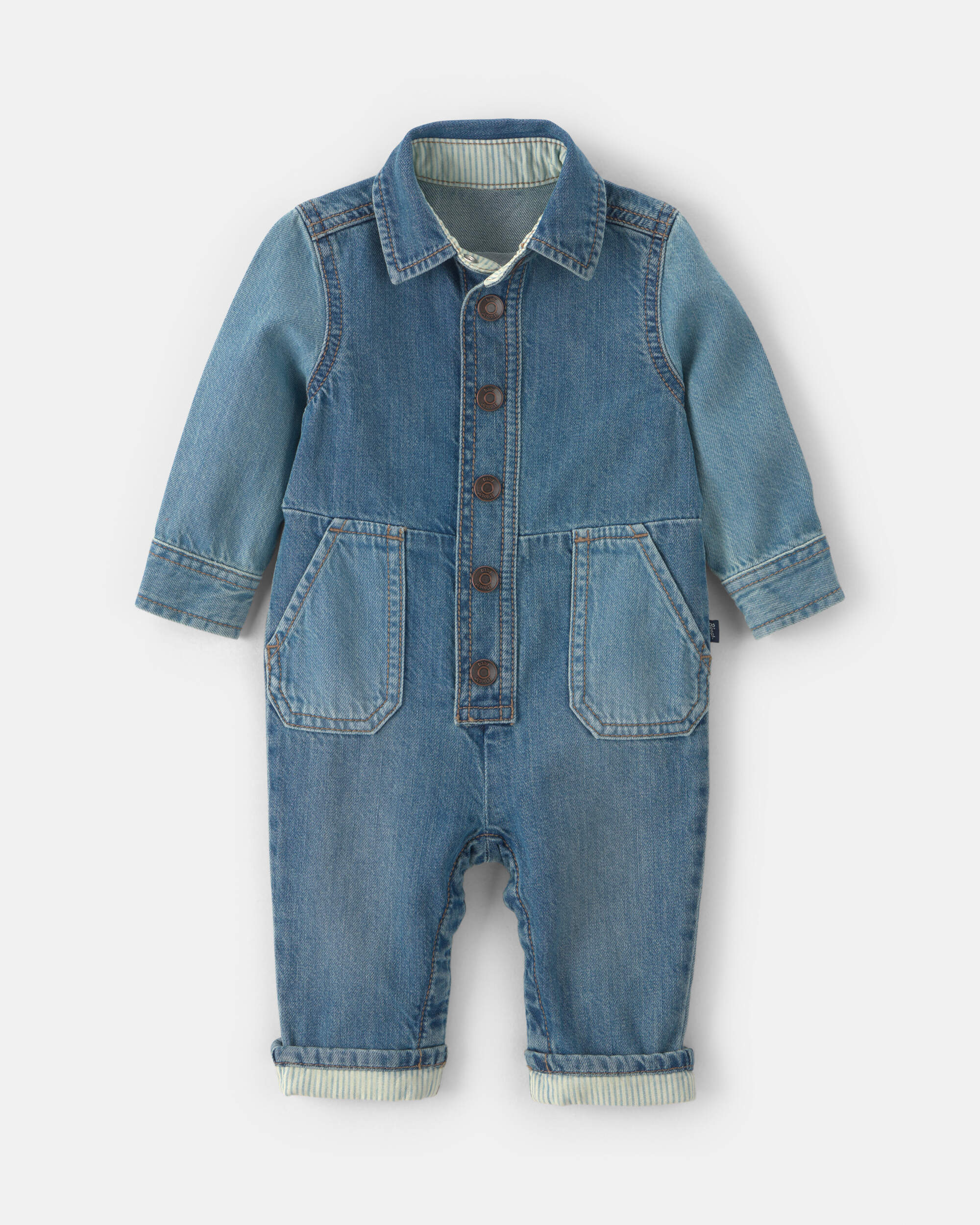 ロンパース・カバーオール son and daughter TAGO ROMPER 1y Baby OshKosh Logo Long-Sleeve Denim Jumpsuit - Medium Wash