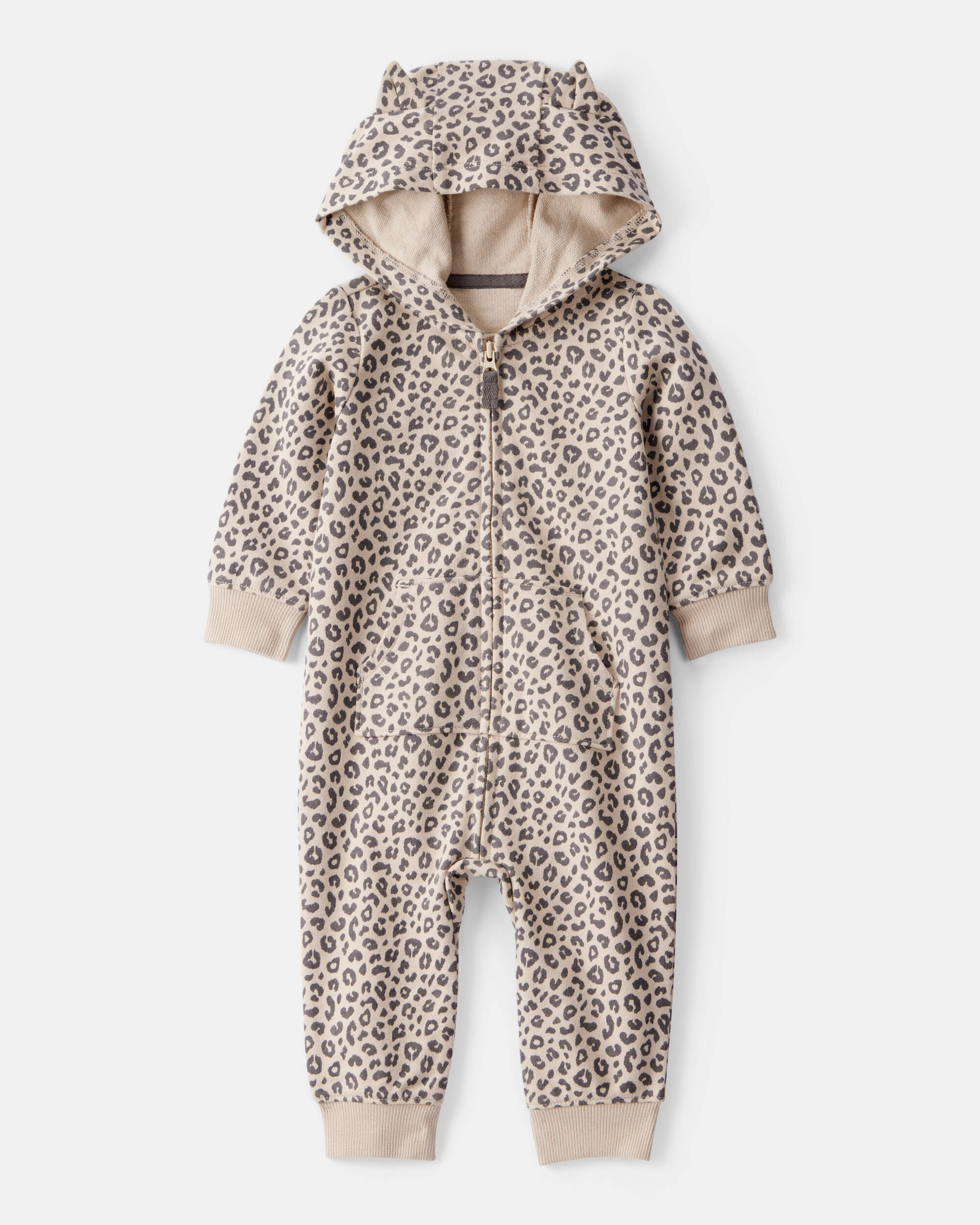 Baby Girl Cat Leopard Print Cotton Long-Sleeve Hooded Jumpsuit - Brown