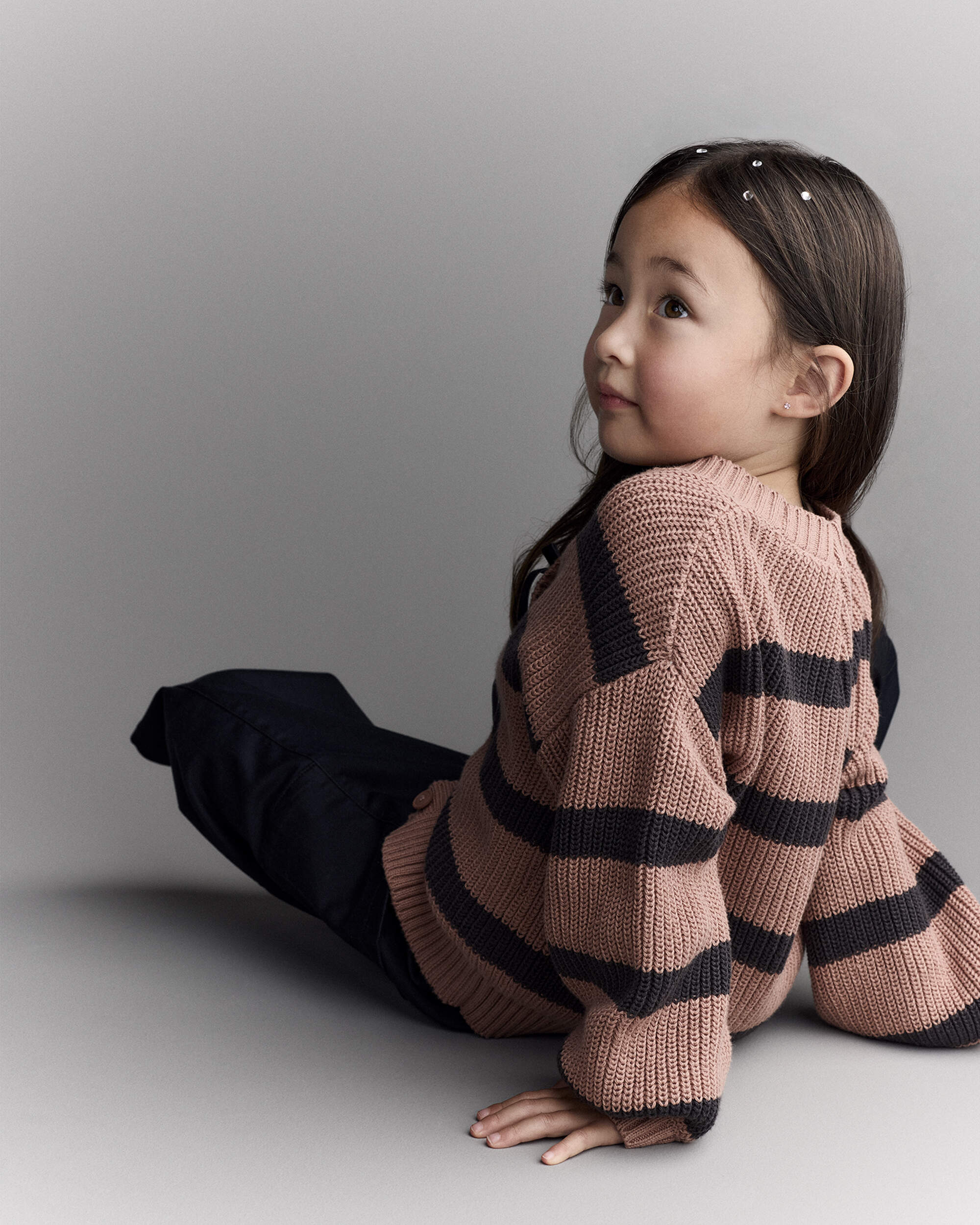 Toddler Girl Striped Puff-Sleeve Cardigan with Bows - Mocha Brown/Black