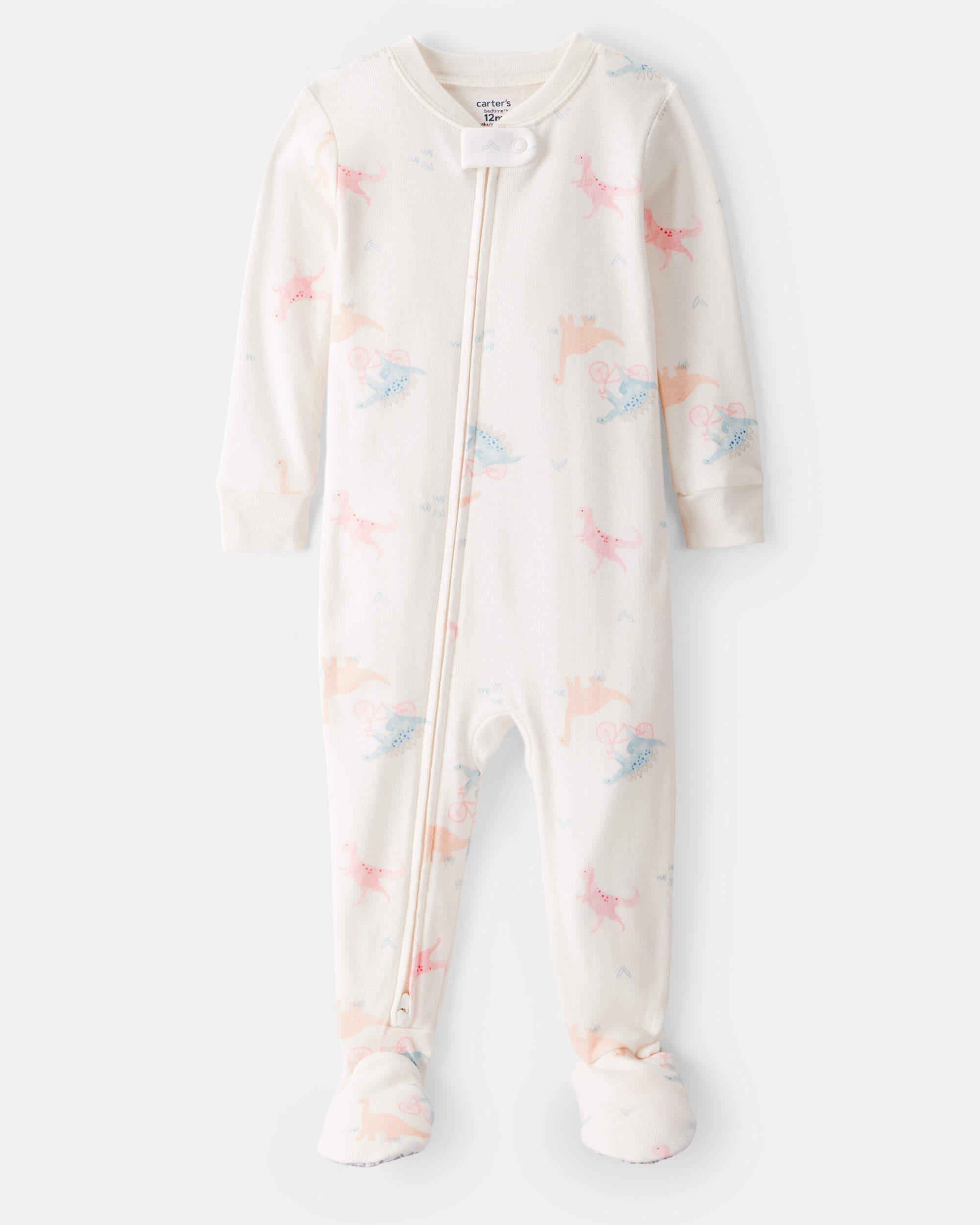 Baby Girl Dinosaur Print 100% Cotton Long-Sleeve 2-Way Zip 1-Piece Pyjamas - White