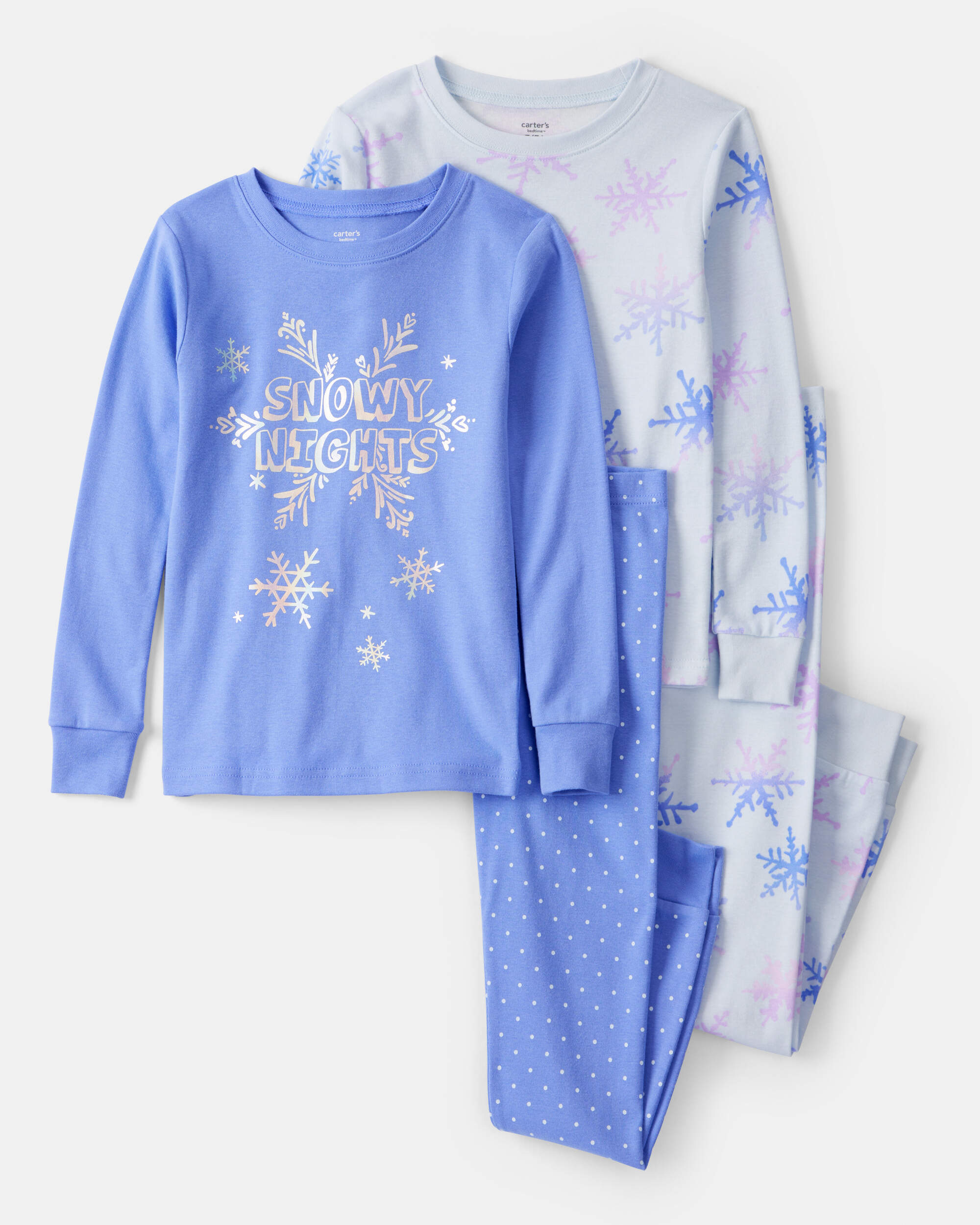 Girls Snowflake Print 100% Cotton Long-Sleeve Snug Fit 4-Piece Pyjamas - Blue