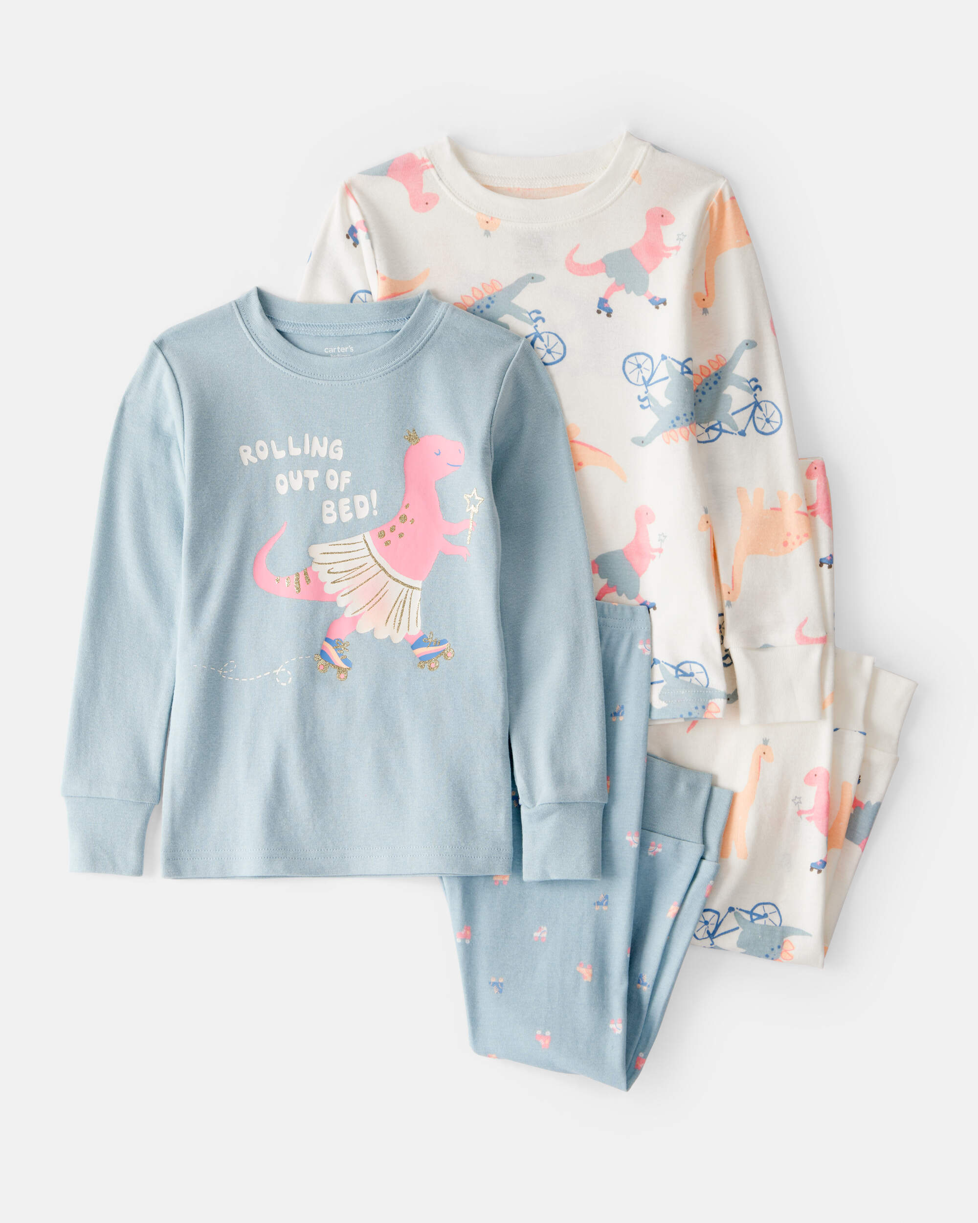 Baby Girl Dinosaur Print 100% Cotton Long-Sleeve 4-Piece Pyjamas - Blue/White