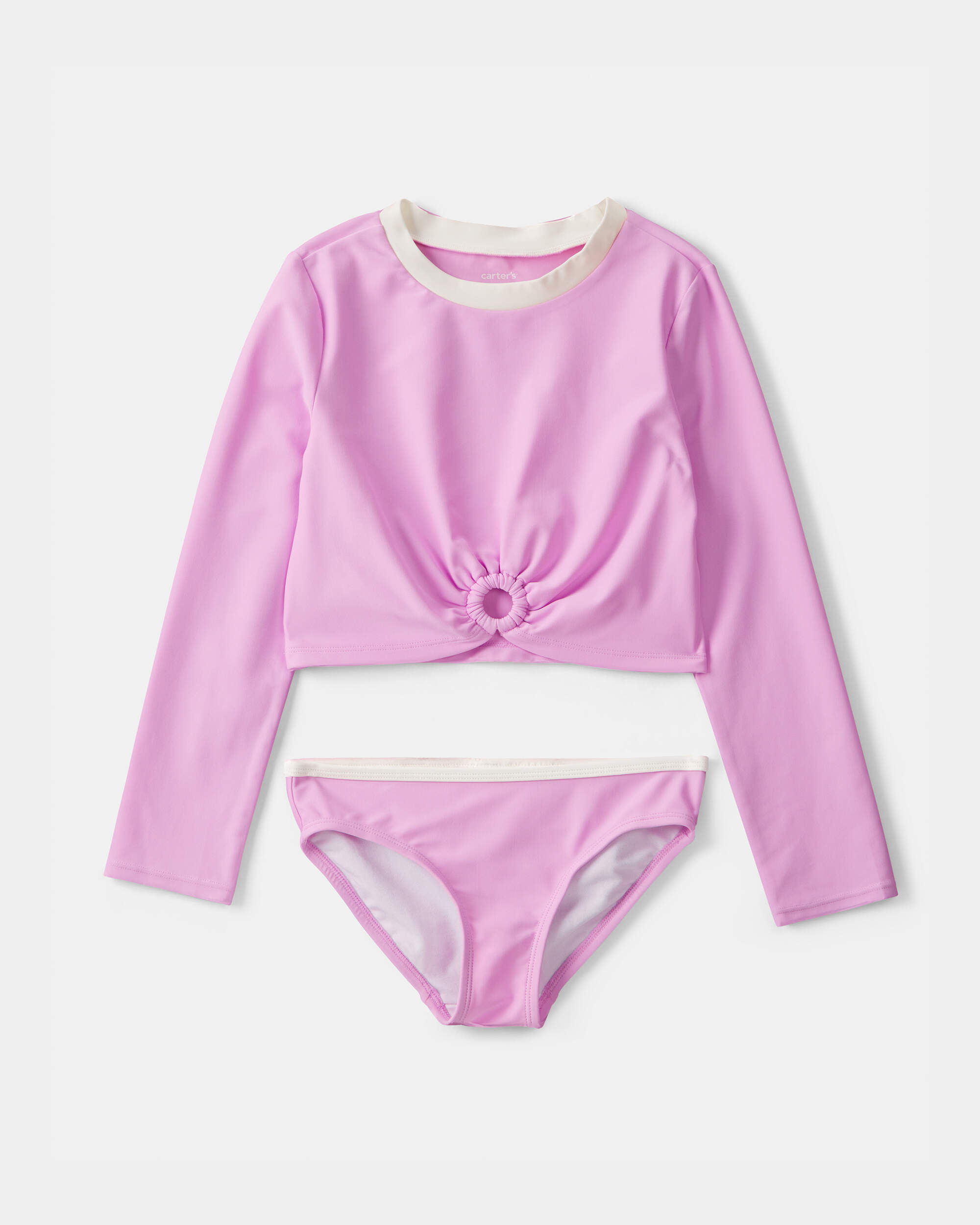 Girls 2-Piece Solid Long-Sleeve Rashguard Swimsuit Set - Pink
