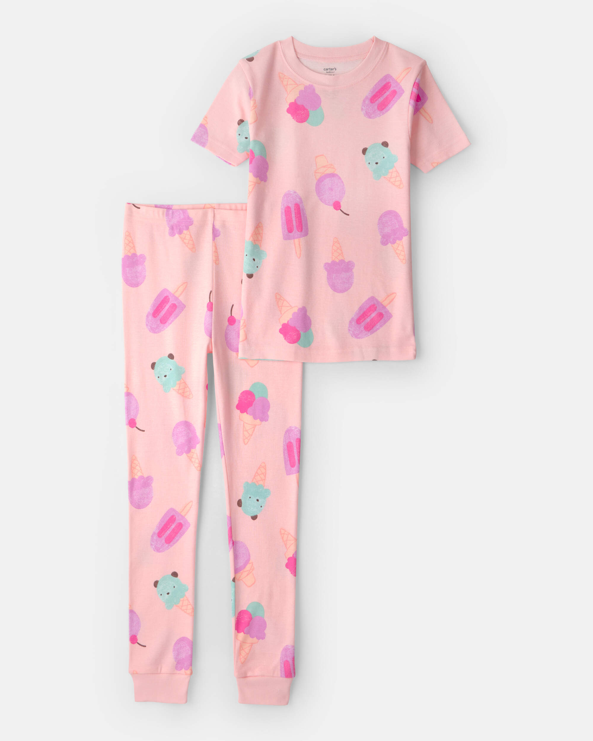 Girls Ice Cream 100% Cotton Short-Sleeve Snug Fit 2-Piece pyjama Set - Pink