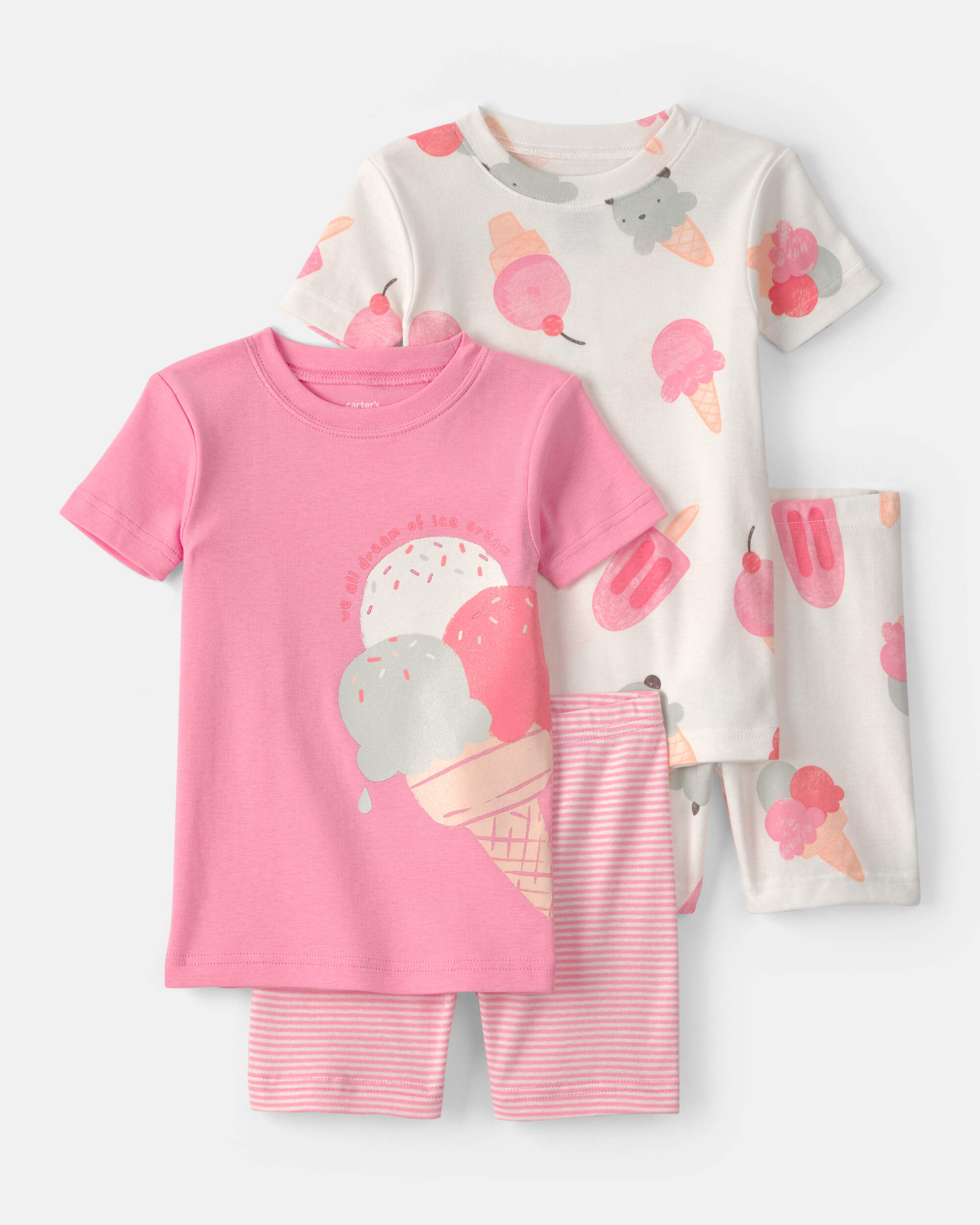 Toddler Girl Ice Cream 100% Cotton Short-Sleeve Snug Fit 4-Piece Pyjama Set - Pink/Ivory