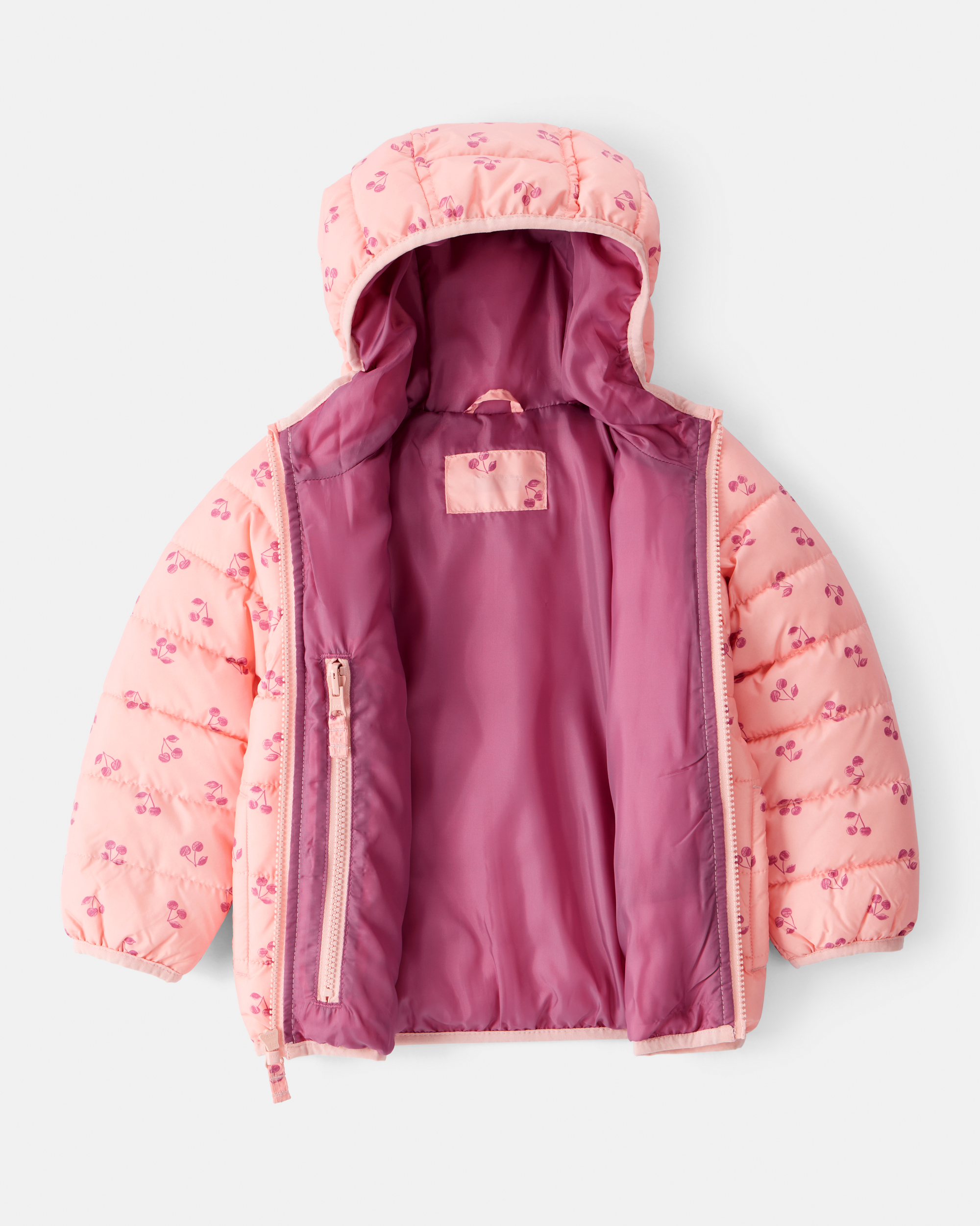 Baby Cherry Print Hooded Puffer Jacket - Pink