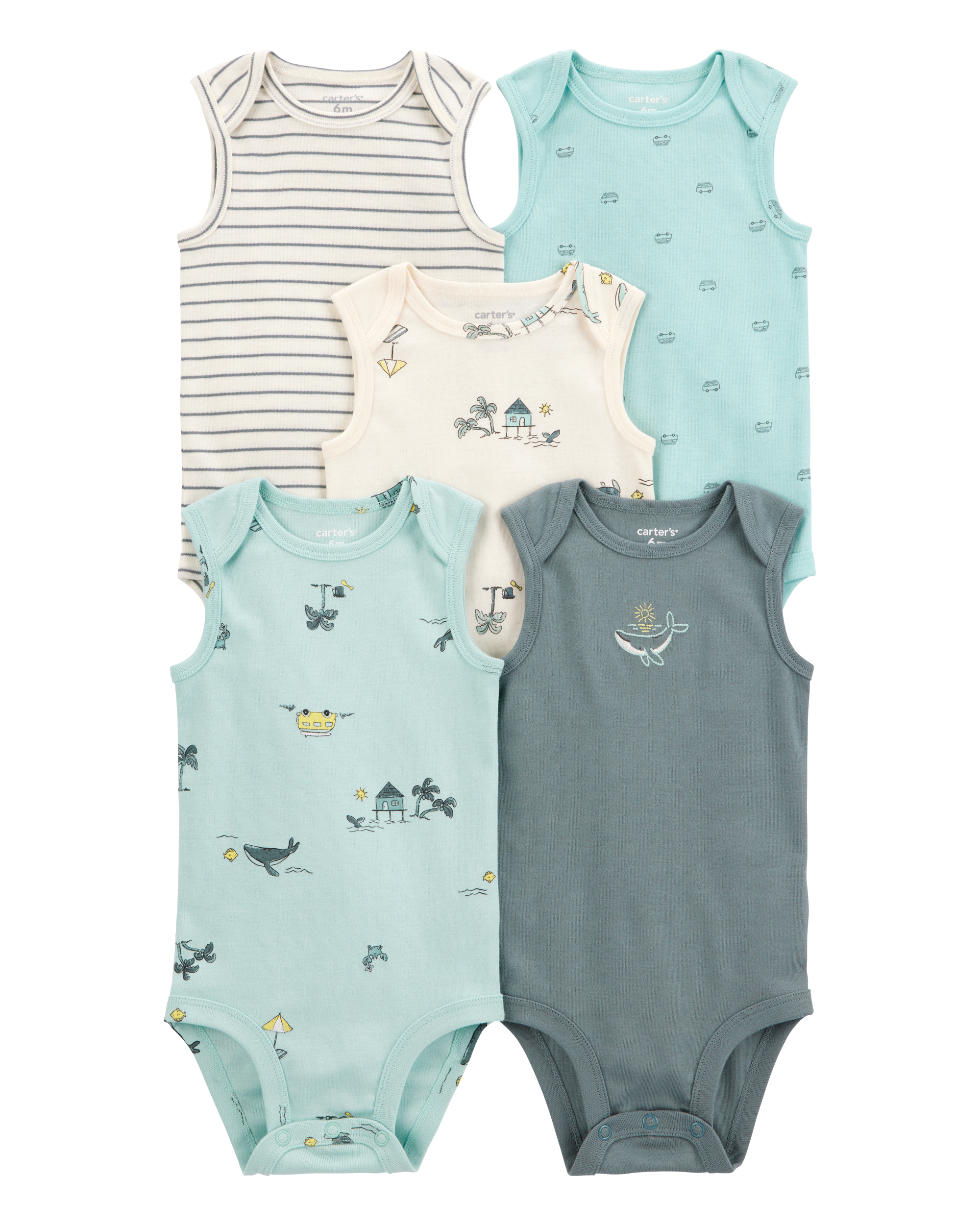 Baby 5-Pack Ocean Print Sleeveless Bodysuits