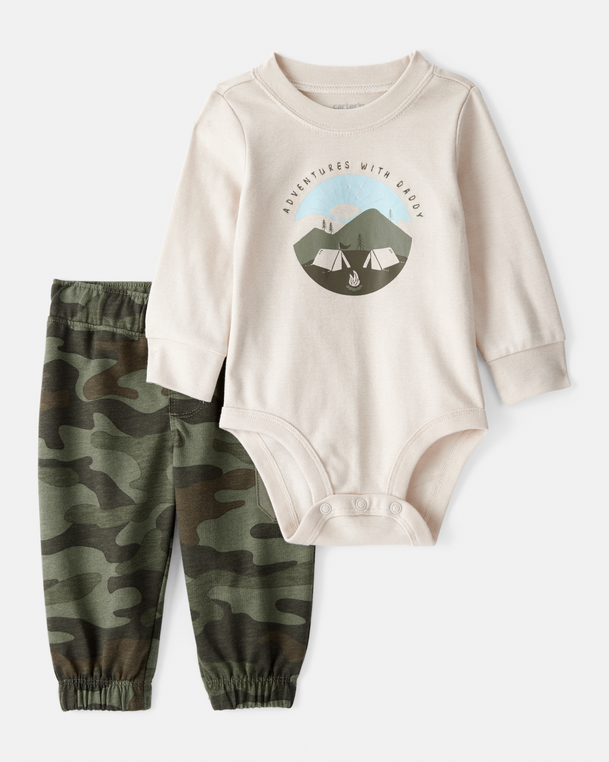Baby Boy 2-Piece Camping Camo Cotton Long-Sleeve Bodysuit & Pant Set - Green/Beige