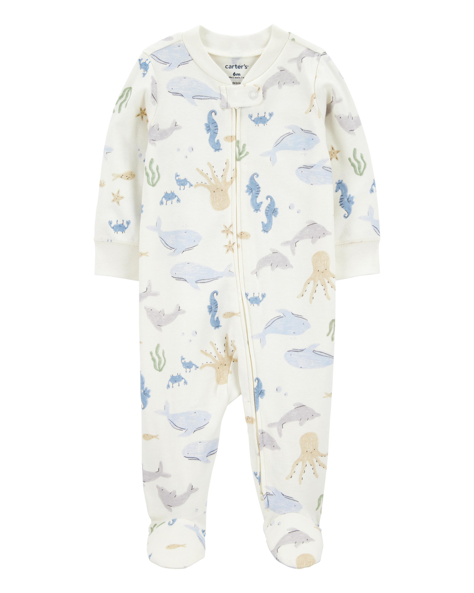 Baby Boy Aquatic Animals Print 2-Way Zip Cotton Sleeper Pyjamas - Ivory