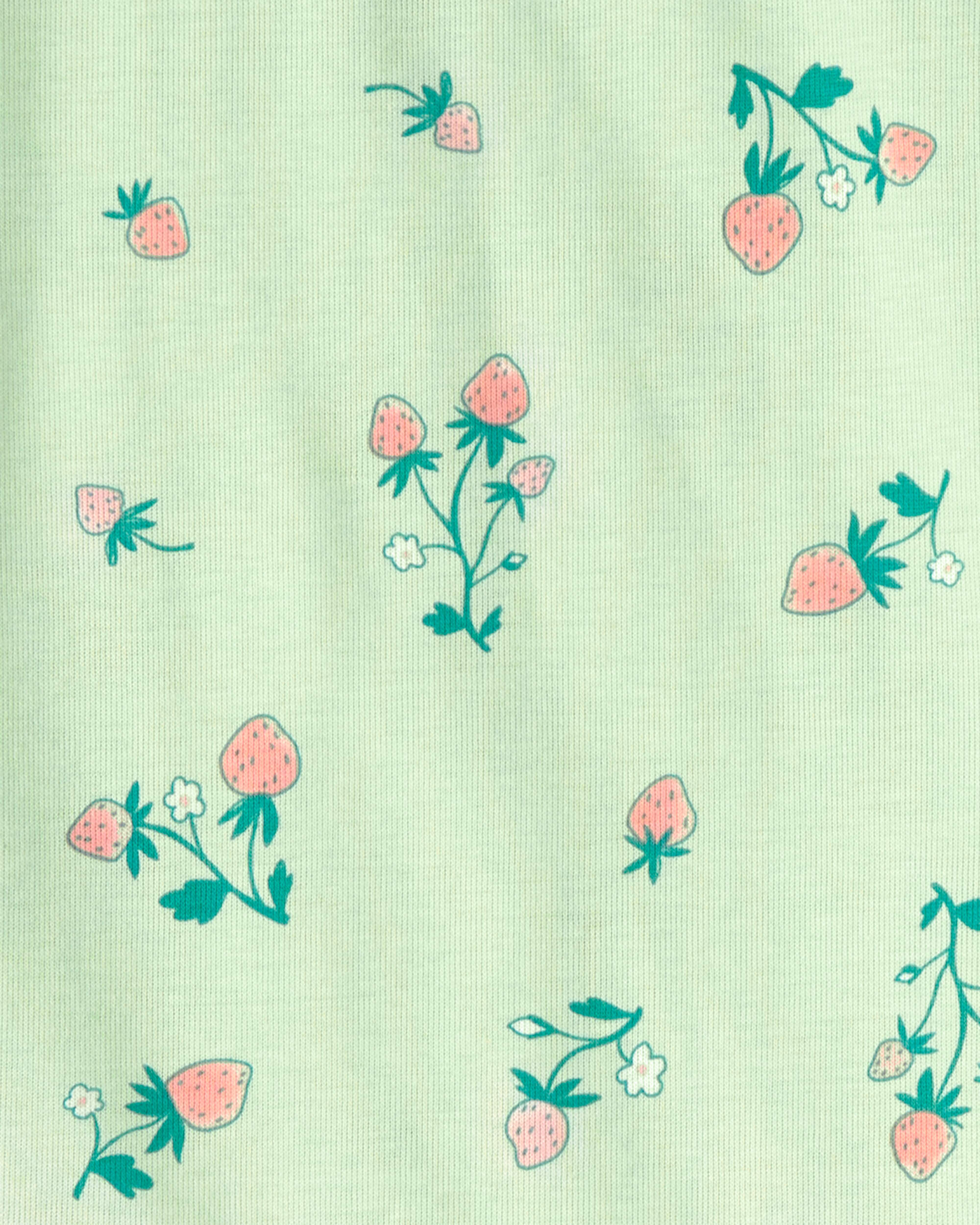 Girls Strawberry 100% Cotton Snug Fit 4-Piece Pajama Set - Green/Pink