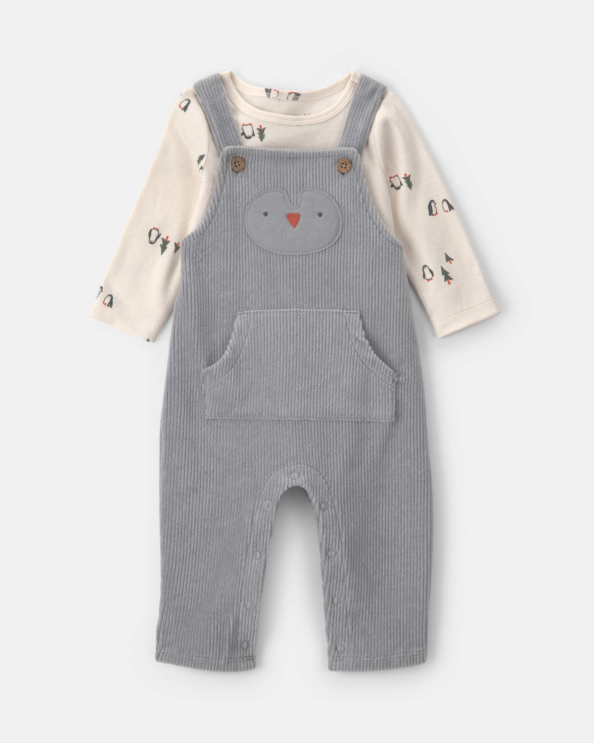 Baby Boy 2-Piece Penguin Long-Sleeve Overall Set - Grey/Cream