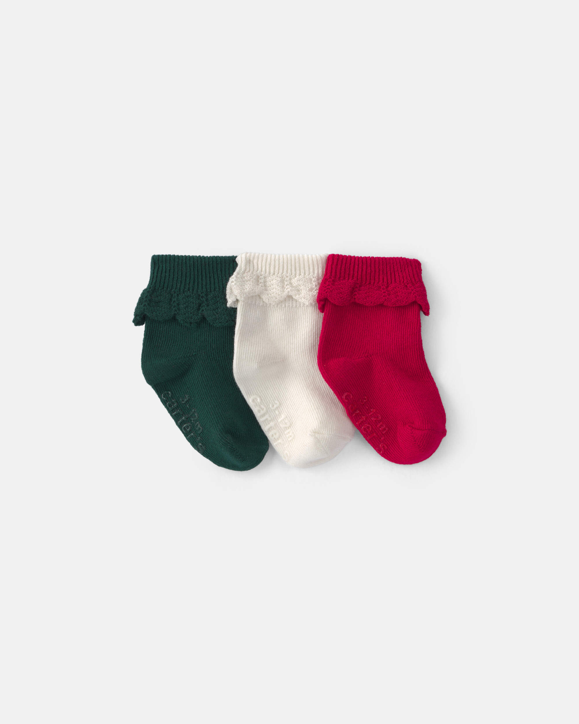 Baby Girl 3-Pack Christmas Foldover Ruffle Bootie - Green/Cream/Red