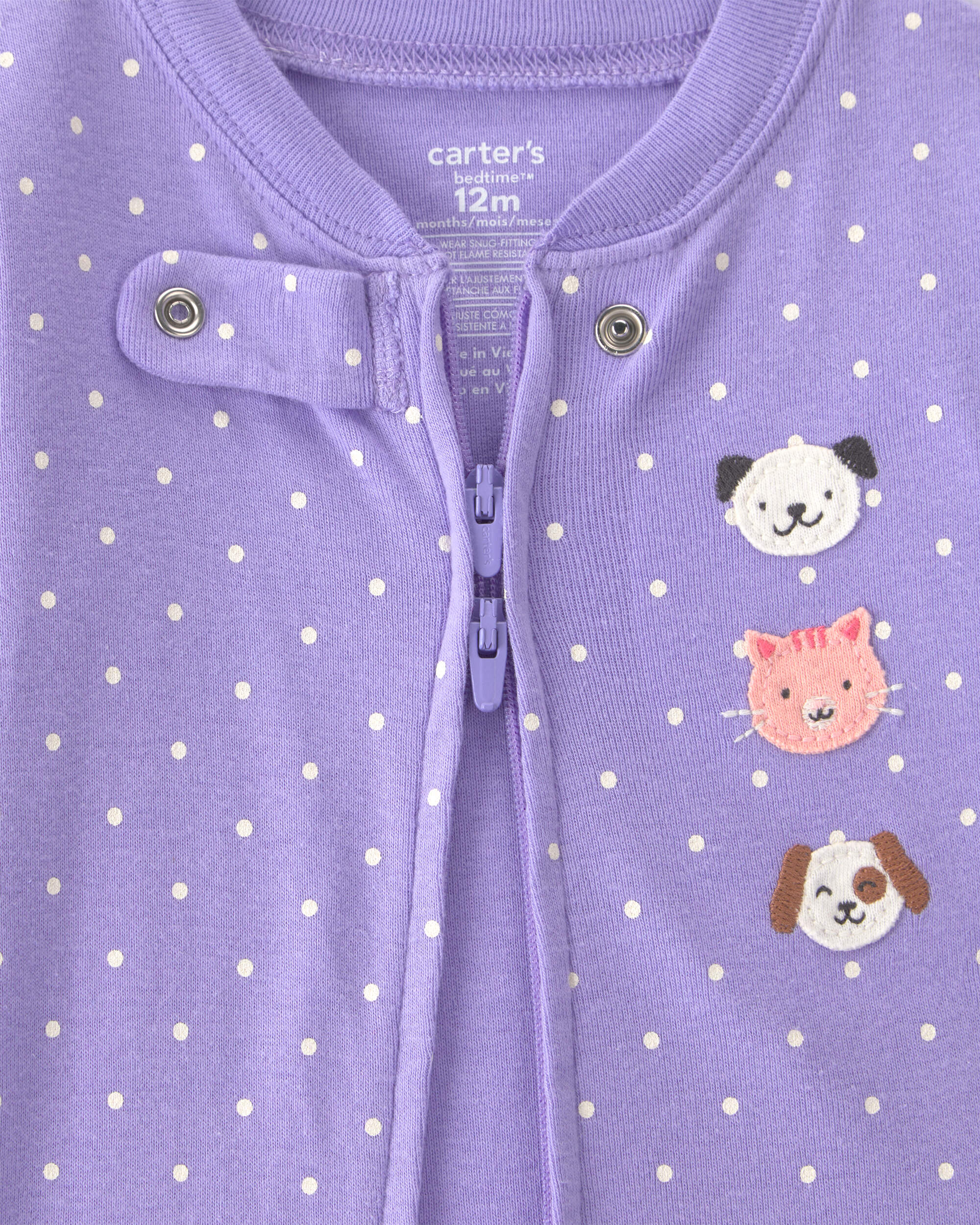 Baby Girl 1-Piece Pets 2-Way Zip 100% Cotton Snug Fit Pyjama - Purple