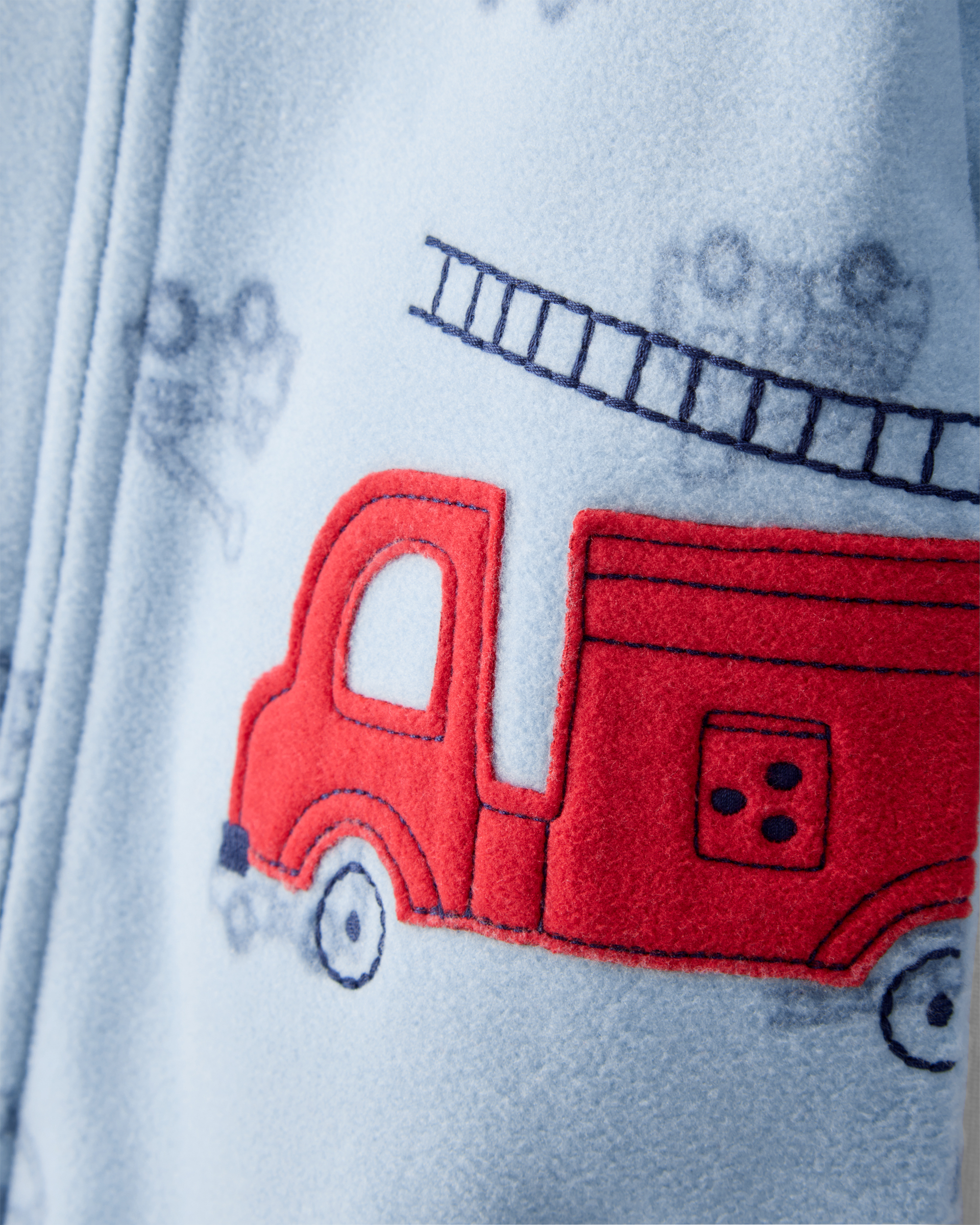 Baby Boy Firetruck Print Loose Fit Long-Sleeve 2-Way Zip 1-Piece Pyjamas - Blue