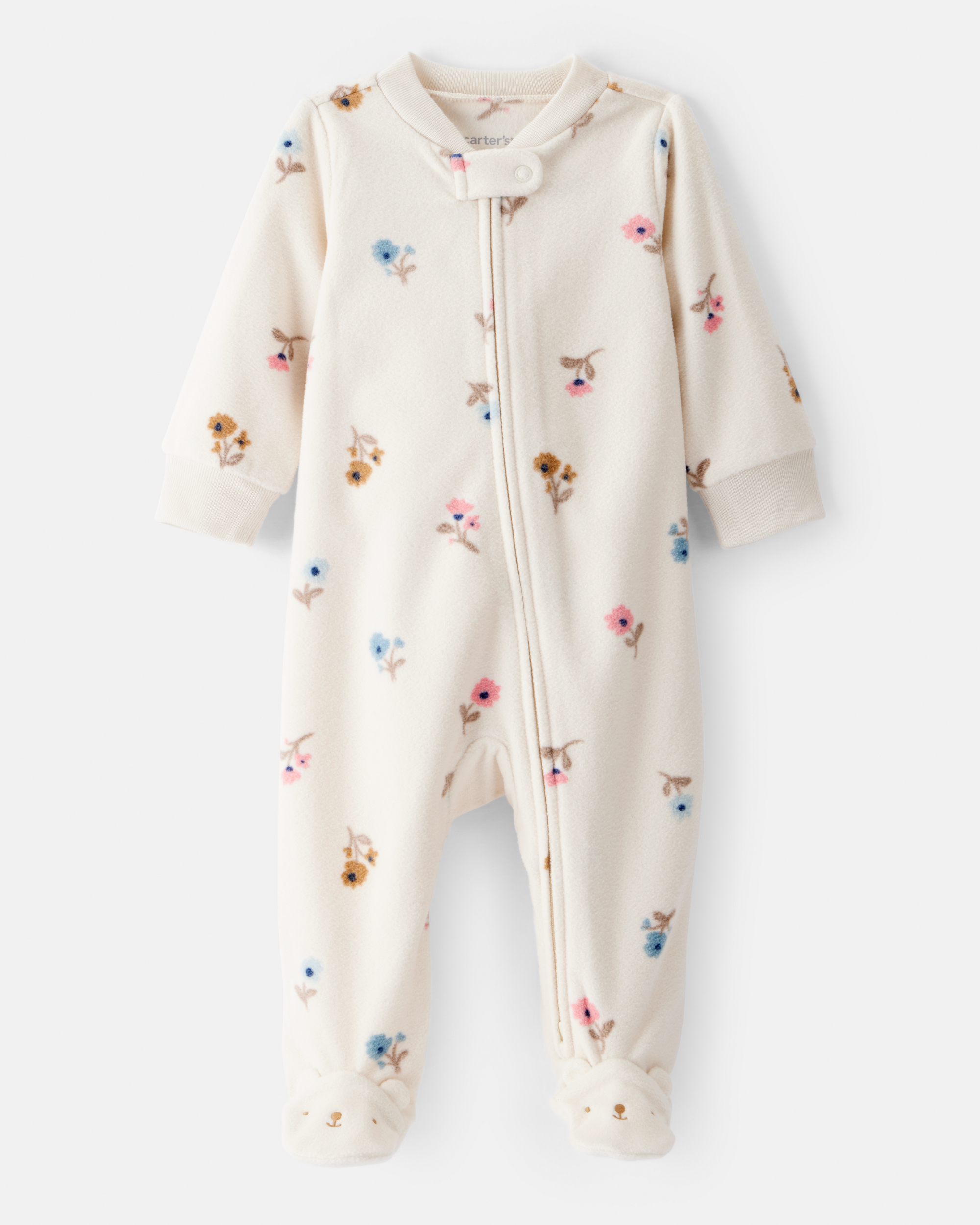 Baby Girl Floral Print Loose Fit Long-Sleeve 2-Way Zip Sleeper - White