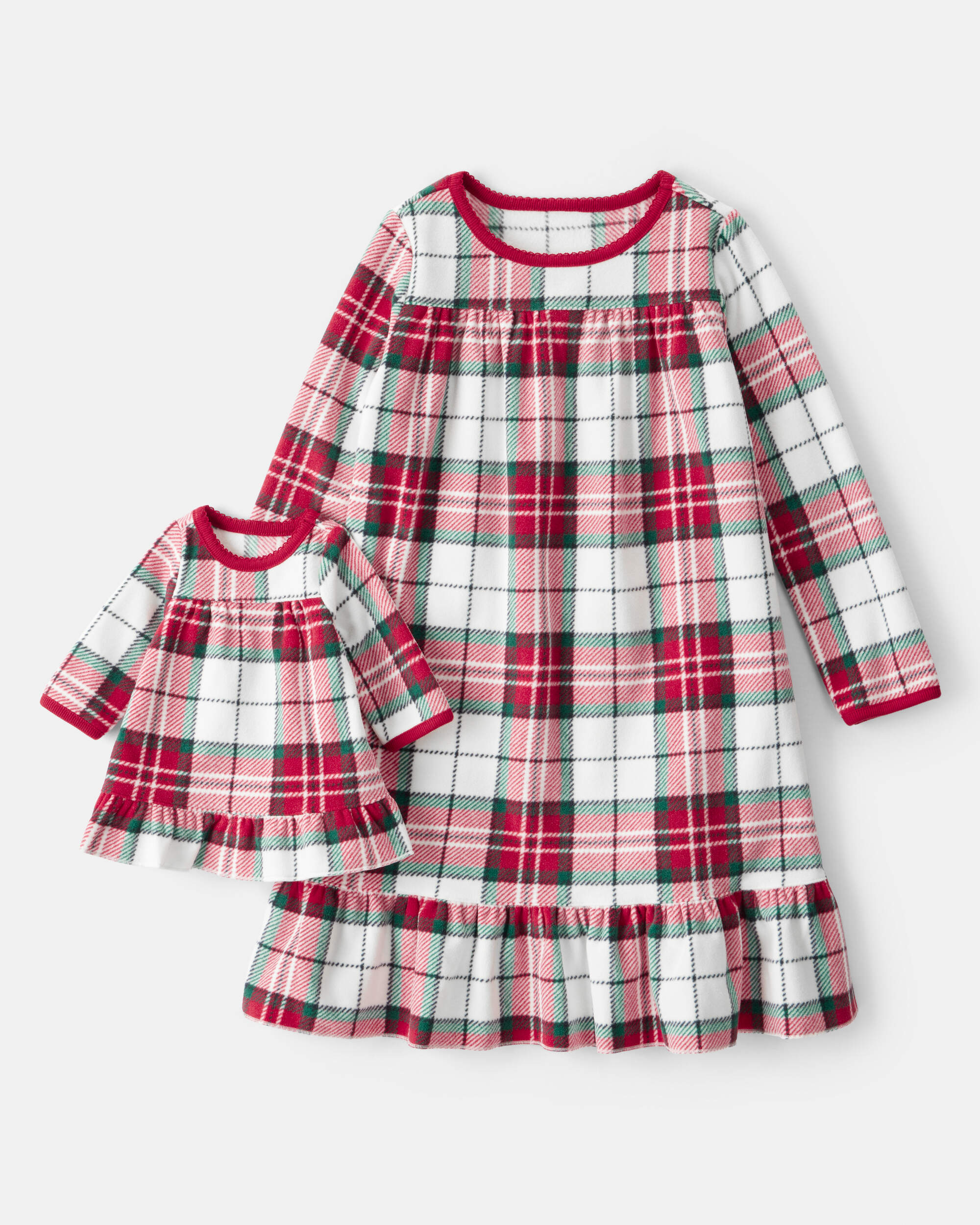 2-Piece Buffalo Check Print Fleece Long-Sleeve Loose Fit Night Gown & Matching Doll - Red/White